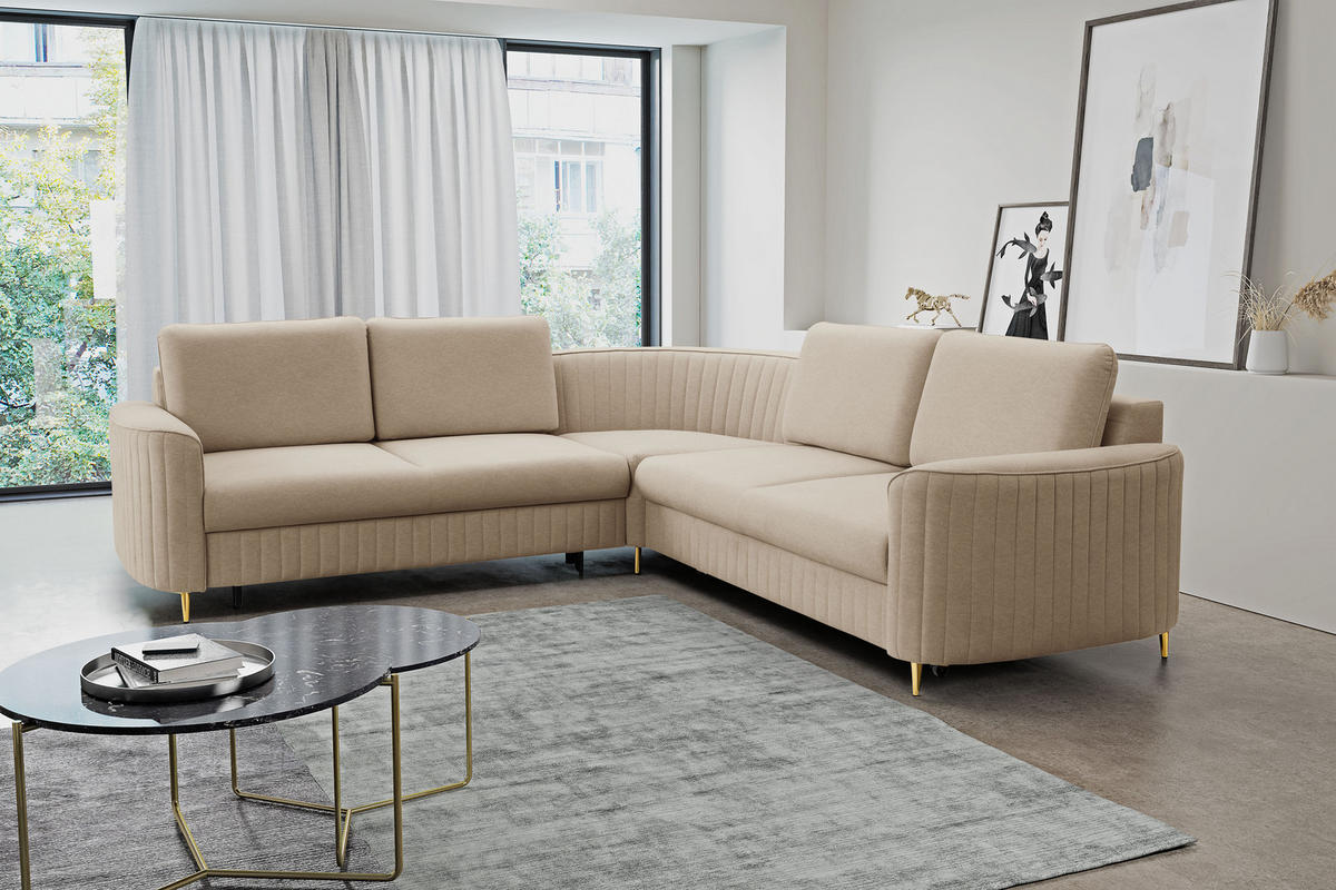 ECKSOFA LAREN, modernes Schlafsofa mit Stauraum, Plastikfüße, L-förmig, lose Rückenkissen freistehend, LINKS 251x252x85 cm Beige - Beige, Holz/Textil (251/252cm) - DomoHome