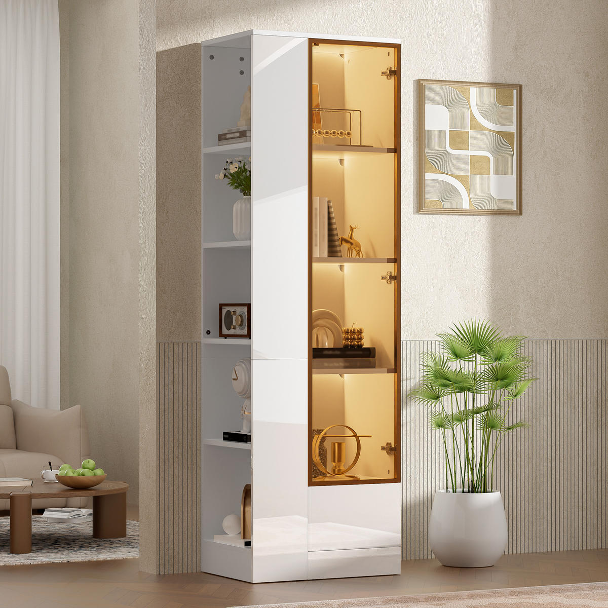 VITRINE 50x35x160 cm Weiß mit LED und Glastür - Weiß, Holzwerkstoff (50/160/35cm) - FLIEKS