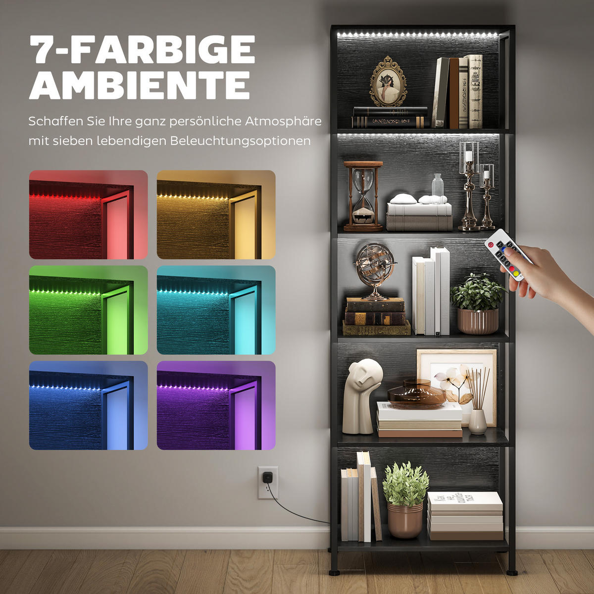 BÜCHERREGAL mit 5 Ebenen Standregal mit LED-Beleuchtung, 7 Lichtfarben, Schwarz - Schwarz, Holzwerkstoff/Metall (30/179/60cm) - HOMCOM