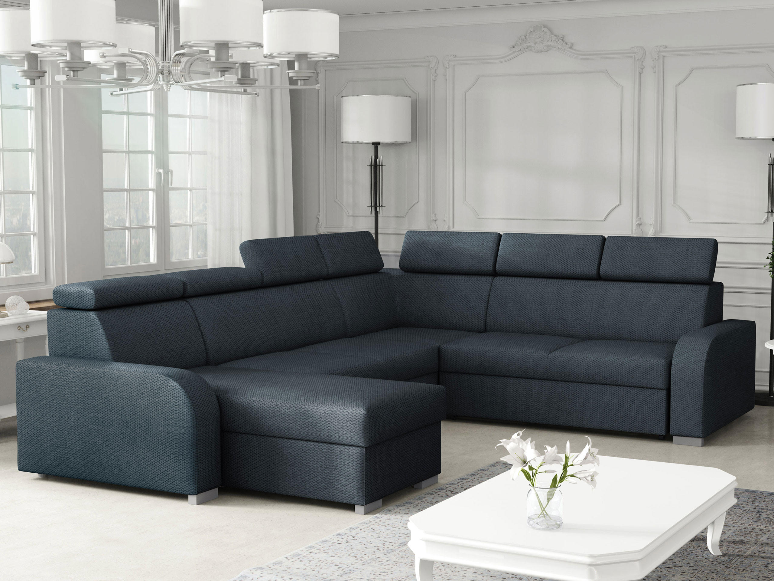 WOHNLANDSCHAFT Oslo 2rR2pLC - Silberfarben/Dunkelblau, Holz/Kunststoff (315/85/250cm) - MIRJAN24