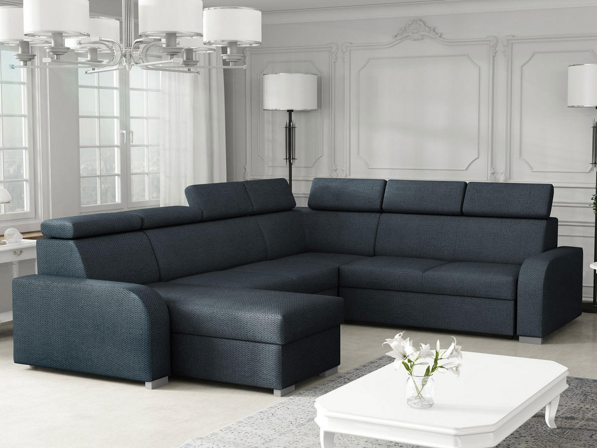 WOHNLANDSCHAFT Oslo 2rR2pLC - Silberfarben/Dunkelblau, Holz/Kunststoff (315/85/250cm) - MIRJAN24
