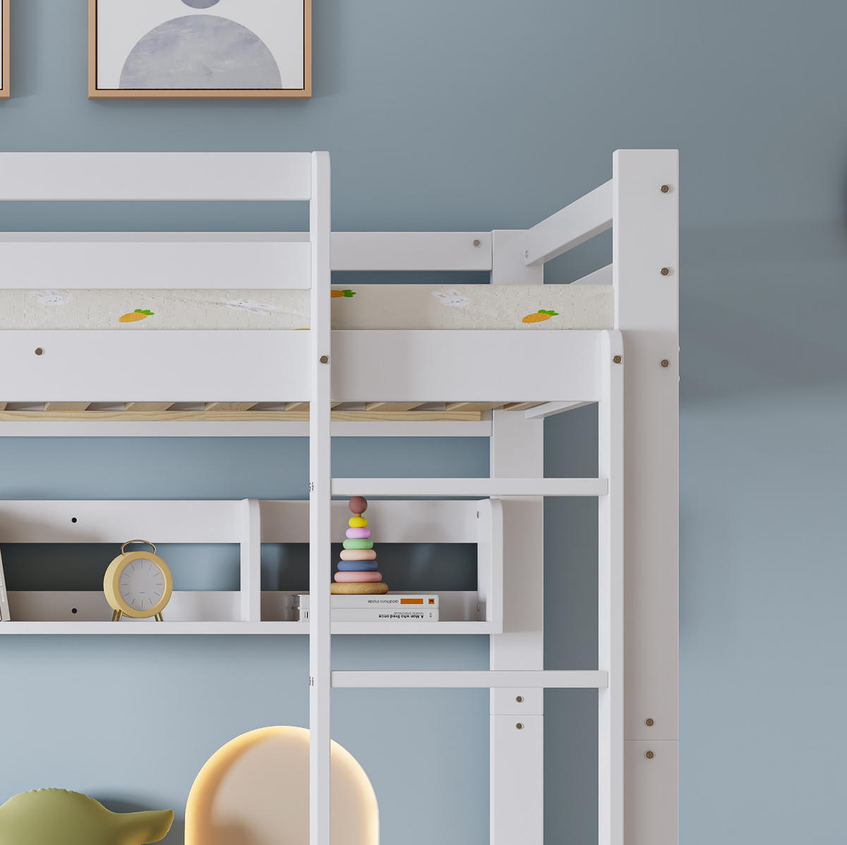 ETAGENBETT mit ausziehbarem Bett, Regalfach und 4-stufiger Leiter, Weiß, 90/200 cm - Weiß, Holz (90/200cm) - MIVRAY