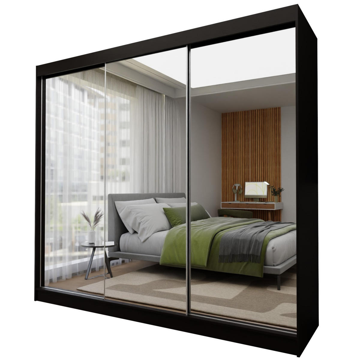 SCHWEBETÜRENSCHRANK BELLINA 240/216/61cm 3-türig mit Spiegel Schwarz - Schwarz, Holzwerkstoff (240/216/61cm) - MASSENO