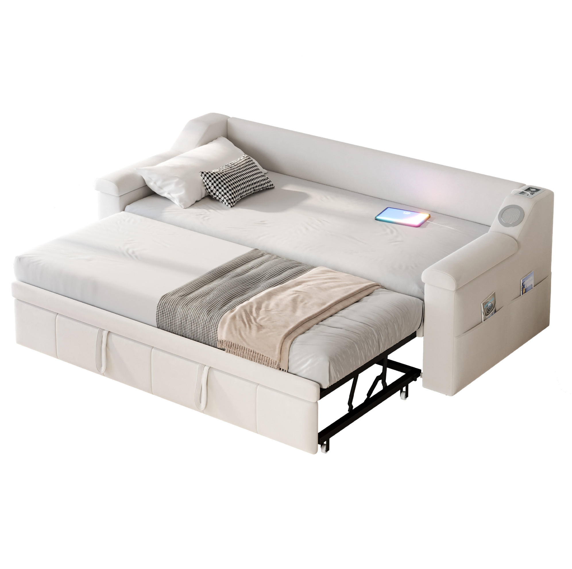 SCHLAFSOFA 180/190 cm Liegefläche – mit USB und Bluetooth-Stereo - Beige, Textil (97/69/216cm) - BEAOK