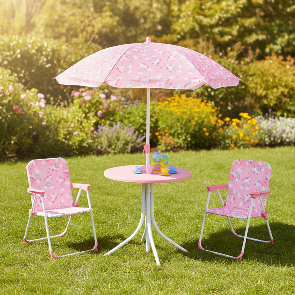 KINDERSITZGRUPPE Mehrfarbig 4-tlg.-Set mit Schirm Einhorn - Rosa, Kunststoff/Textil - Relaxdays