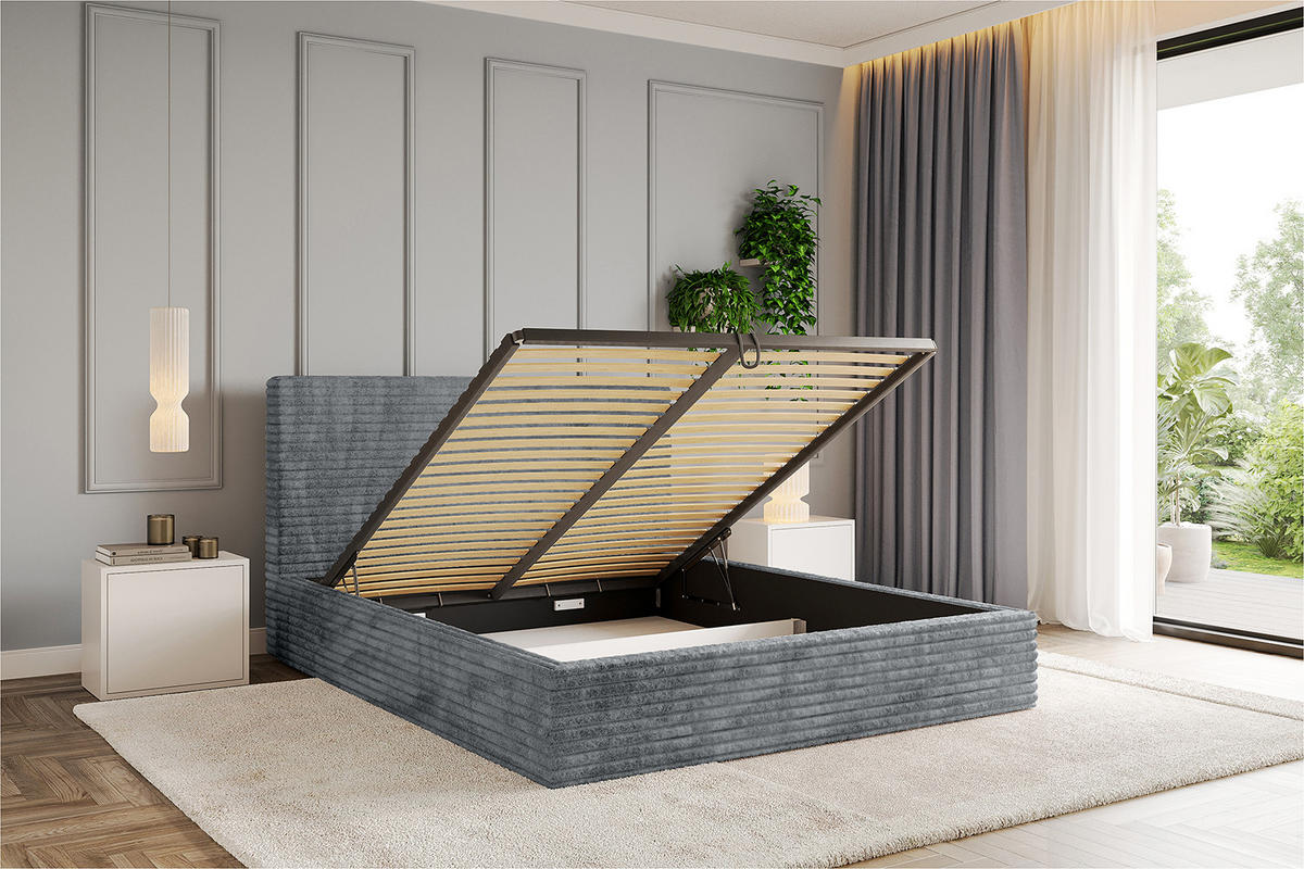 POLSTERBETT mit Bettkasten und Lattenrost, Bett mit Matratze H3/H4 - ALOVA - Dunkelgrau, Holzwerkstoff/Textil (180/200cm) - ALTDECOR