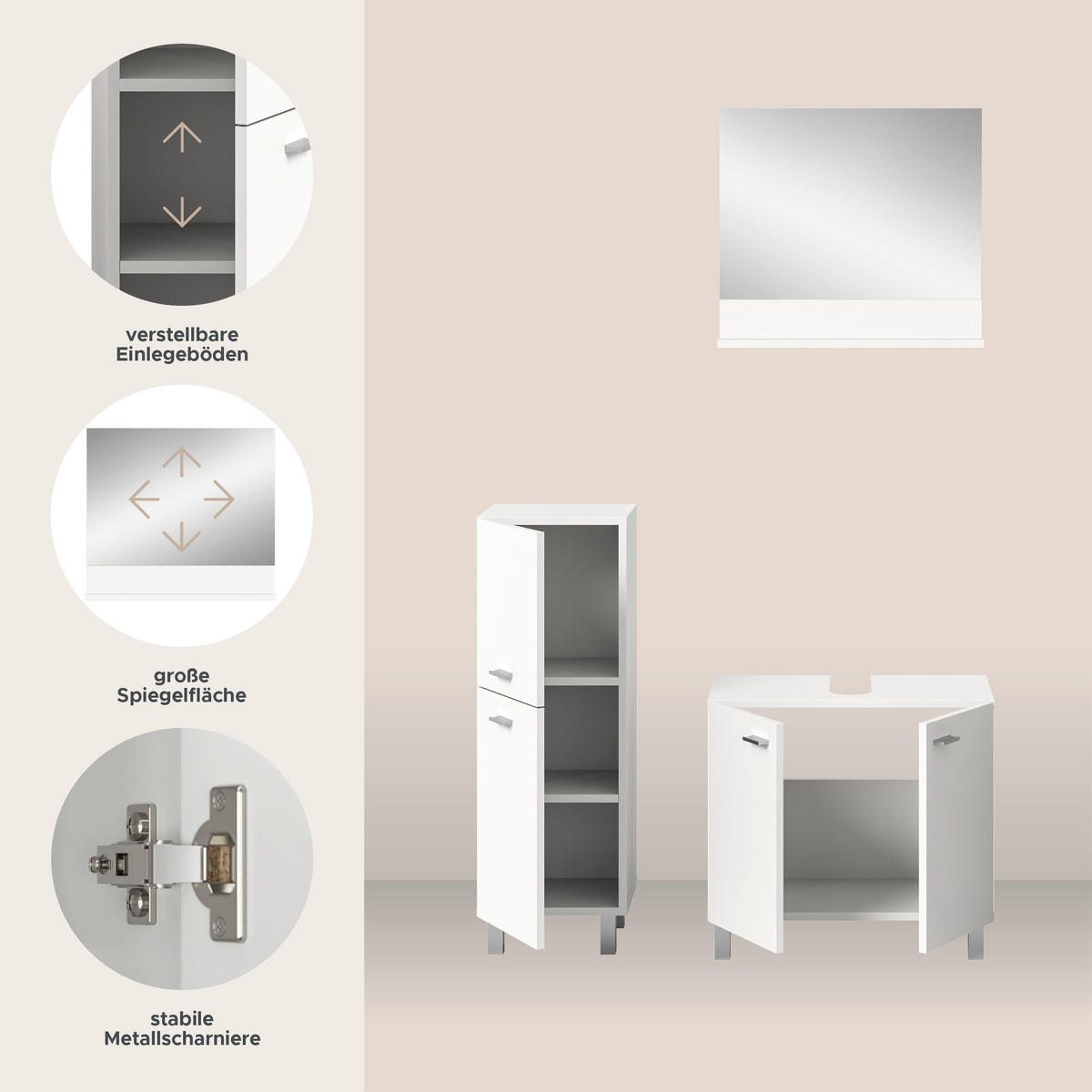 BADKOMBINATION 4tlg. Boston/Tampa Bad in weiß Nachbildung und schwarz B/H/T: 137x186x33 cm - Weiß, Holzwerkstoff (137/186/33cm)