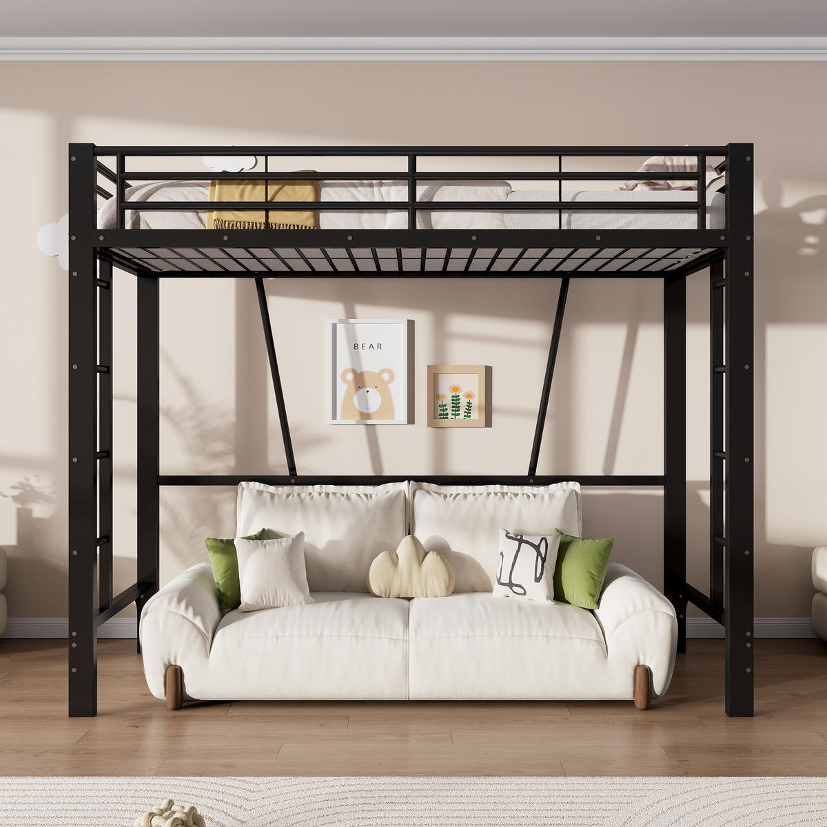 HOCHBETT 90/200 cm in Schwarz mit Doppelleiter und Schutzgeländern aus Metall - Schwarz, Metall (90/200cm) - STILVORA
