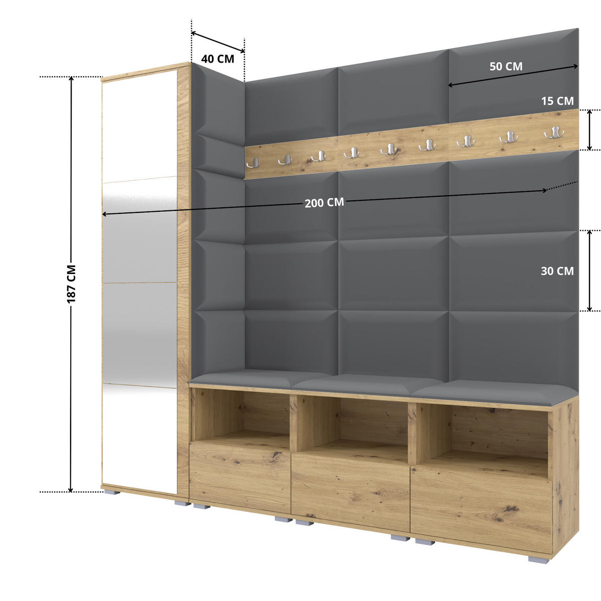 GARDEROBE NELA IX 200 cm (Modulare Flurmöbel Artisan Eiche mit Spiegel & Sitzpolster Dunkelgrau 15 Breite Sitzbank) - Dunkelgrau/Silberfarben, Holz/Holzwerkstoff (200/187/40cm) - Ravio