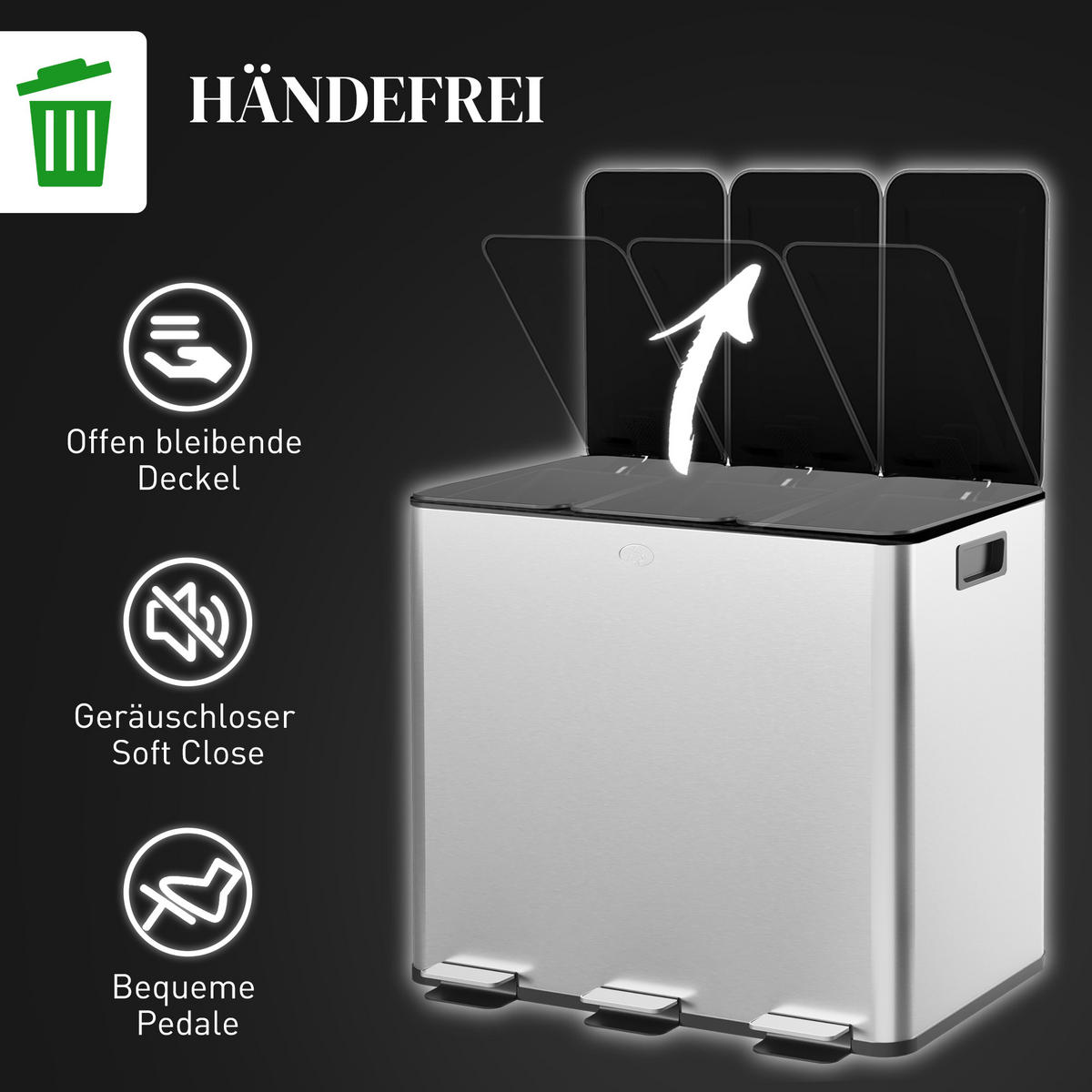 MÜLLEIMER 3x20L Abfalleimer aus Edelstahl mit Softclose Deckel Deodorant-Fächern - Silberfarben, Metall (36.6/43.2/61.9cm) - HOMCOM