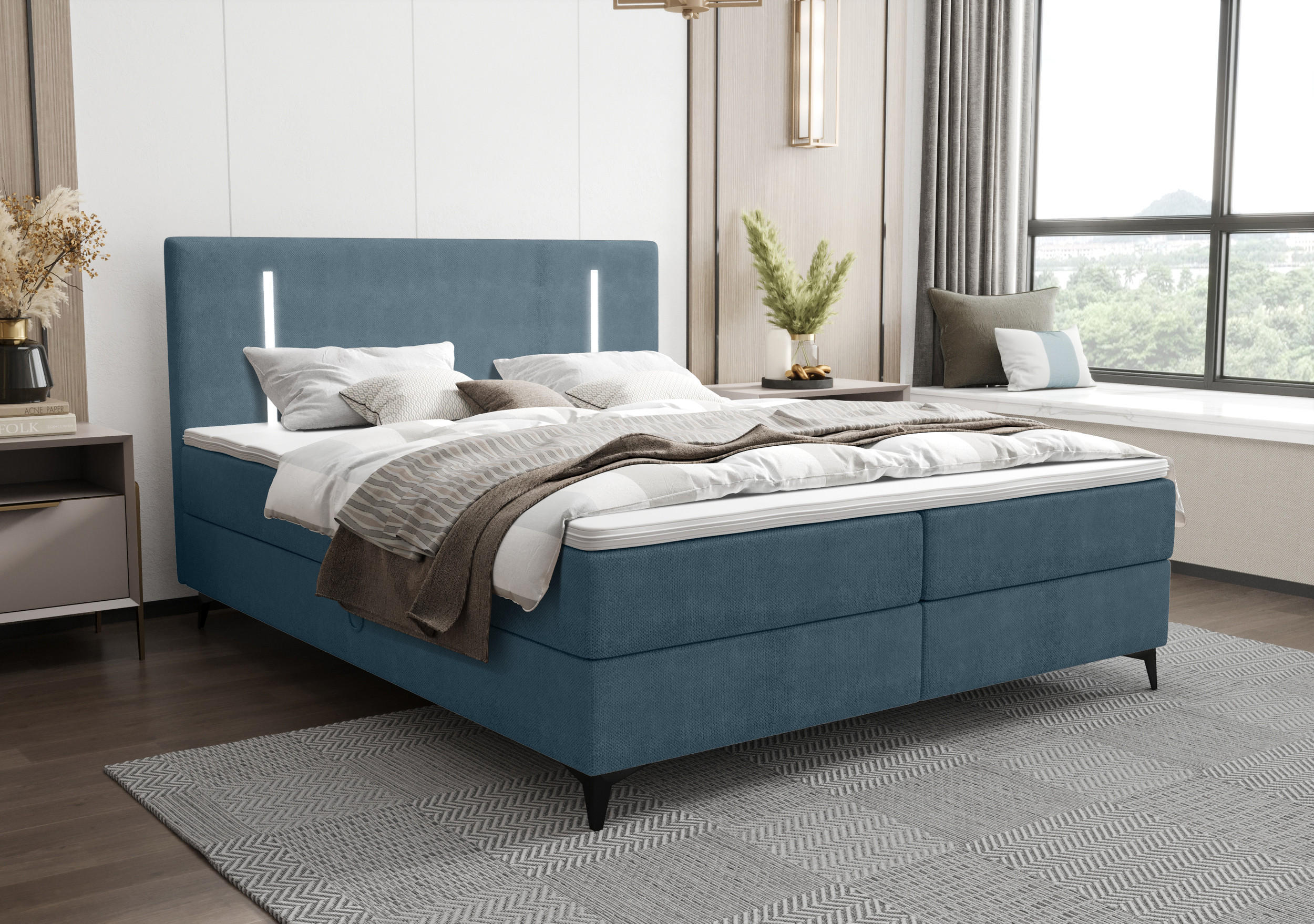 BOXBETT ONO mit Matratze H3, Bonell und Topper 140x200 CURIO 74 - Blau, Textil (140/200cm) - Bedante