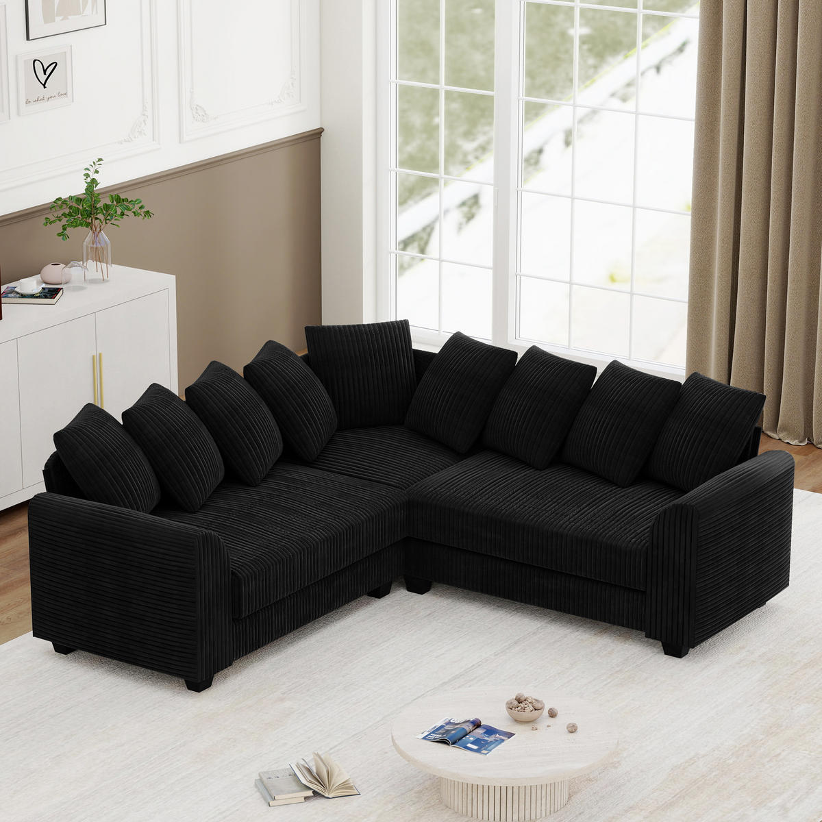 MODULARES L-Ecksofa Cord mit 9 Kissen 202/202/74 cm Schwarz - Schwarz, Textil (202/202cm) - Redom