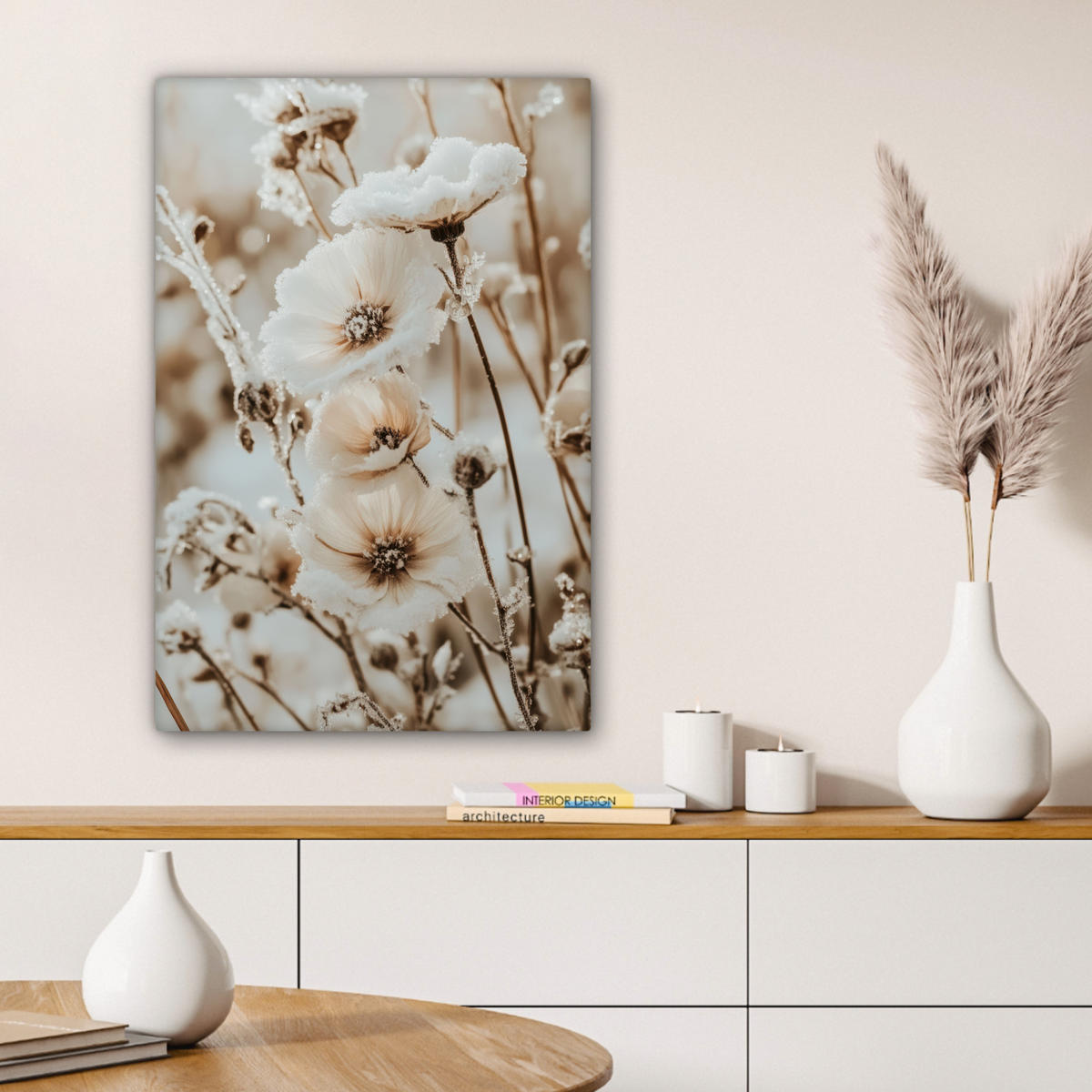 LEINWANDBILD Blumen - Winter - Weiß - Schnee - Beige Wanddeko 40x60 cm - Creme, Textil (40/60cm) - MuchoWow