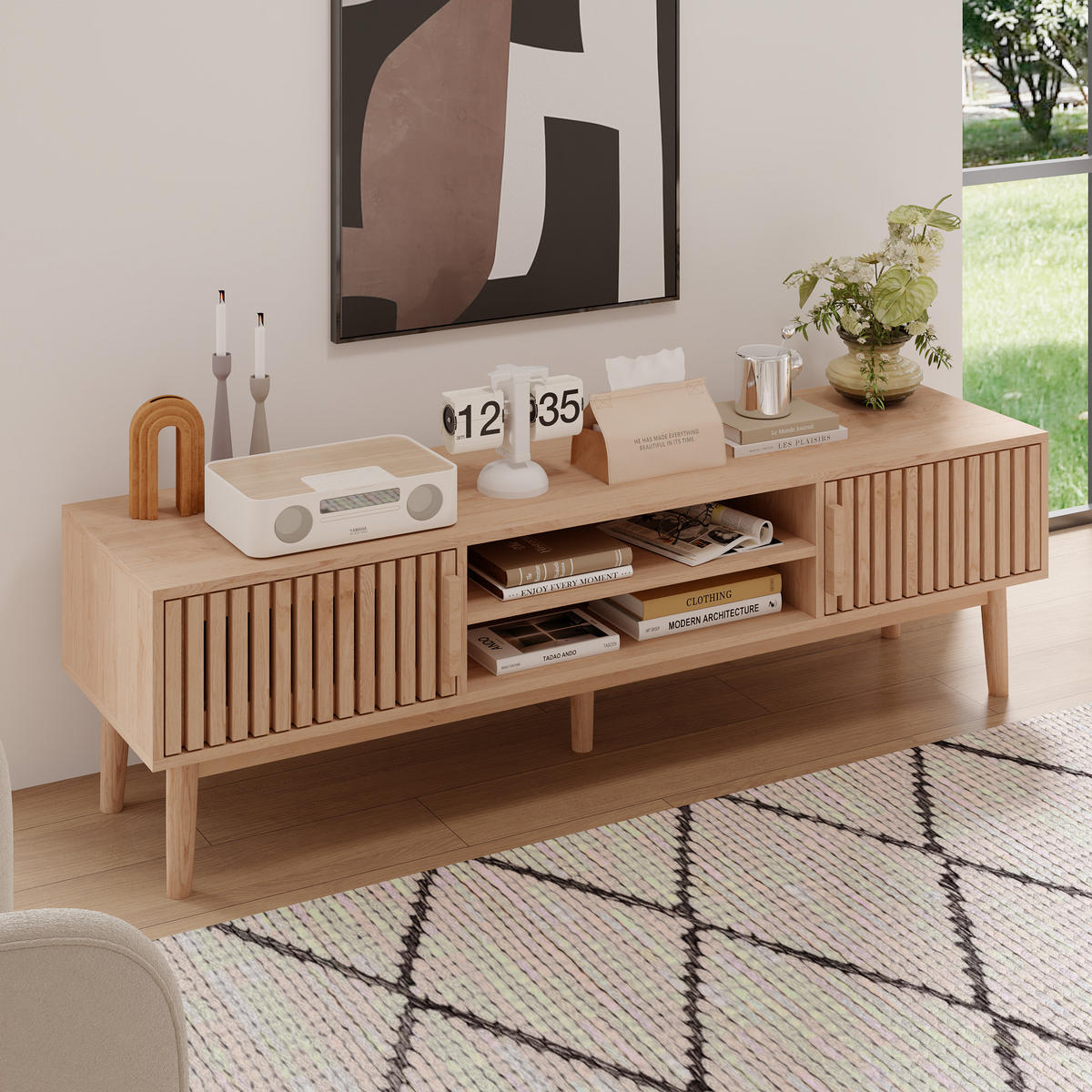 TV-SCHRANK Eichenoptik mit Lamellen-Design & Massivholzbeinen - Naturfarben, Holzwerkstoff (40/48/150cm) - SHOPENTRA