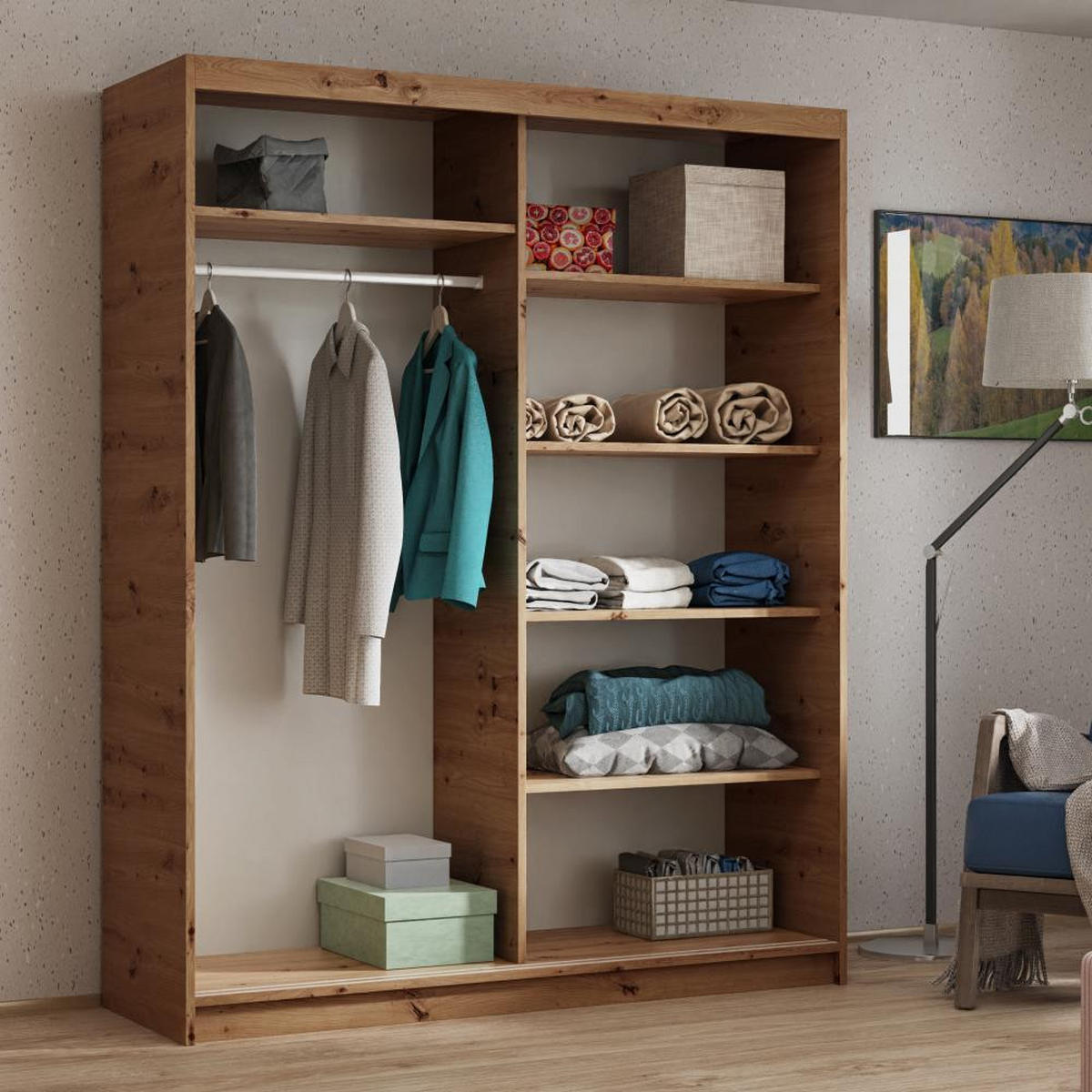 SCHWEBETÜRENSCHRANK Hela 100/205/60 2-türig eiche Artisan/weiß mit Spiegel - Eiche Artisan/Weiß, Holzwerkstoff (100/205/60cm) - Beautysofa