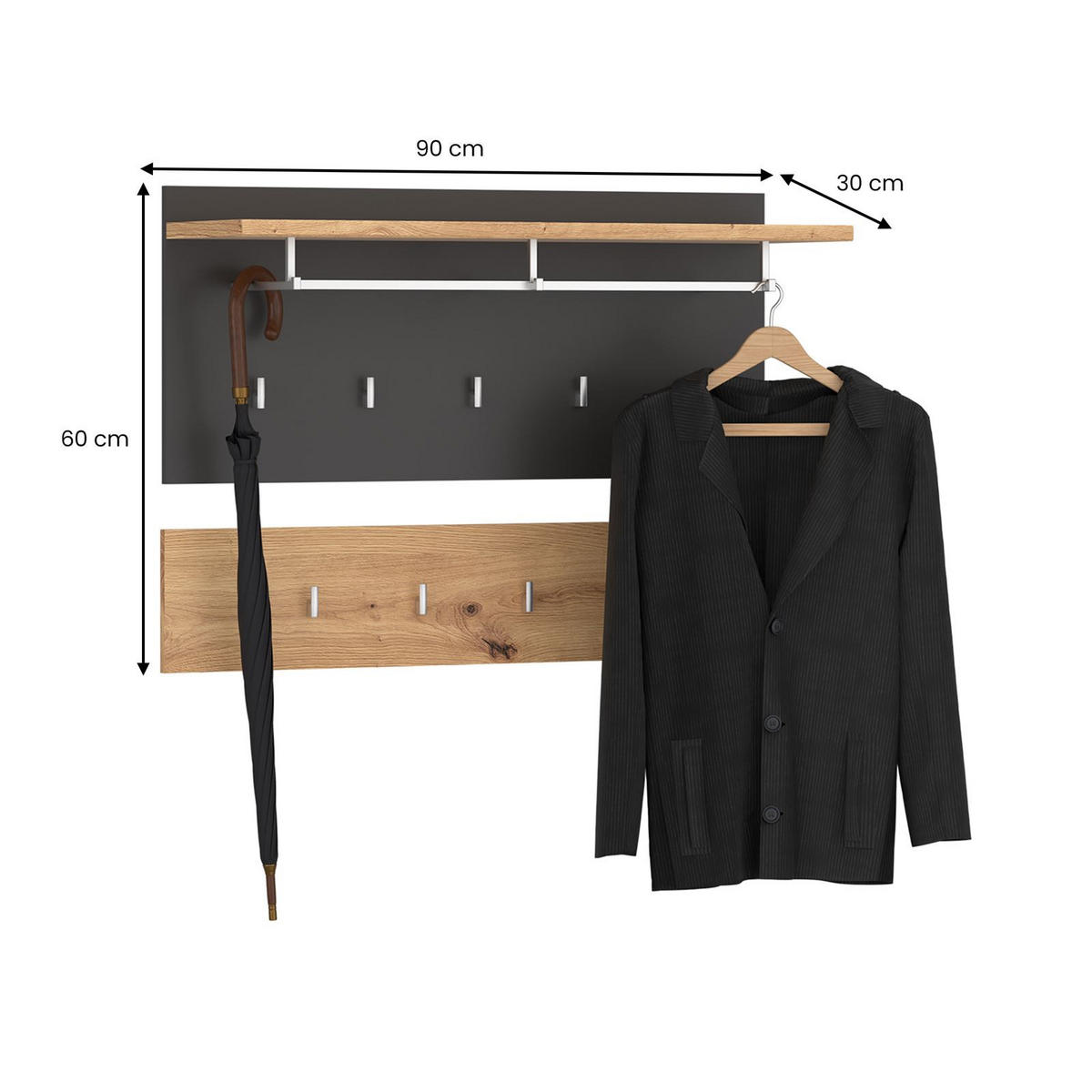 WANDGARDEROBE BILBAO - Dunkelgrau, Holzwerkstoff (90/60/30cm) - CARO-Möbel