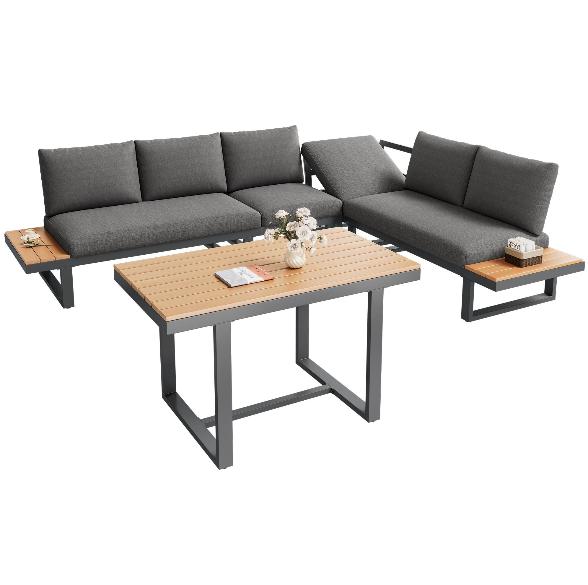 GARTEN-ESSGRUPPE 195/195/76 cm schwarz-grau aus Stahl und Polyester mit verstellbarer Rückenlehne - Grau, Metall - OKWISH