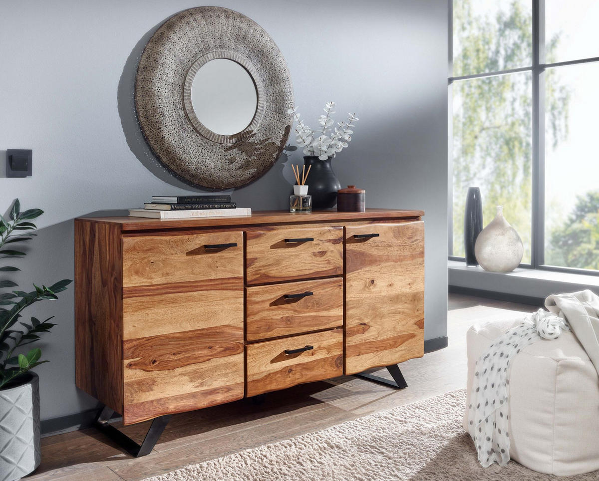 SIDEBOARD – Massivholz, 145x82x45 cm, mit Baumkante, Metallgestell - Schwarz/Braun, Holz/Metall (145/82/45cm) - KADIMA DESIGN