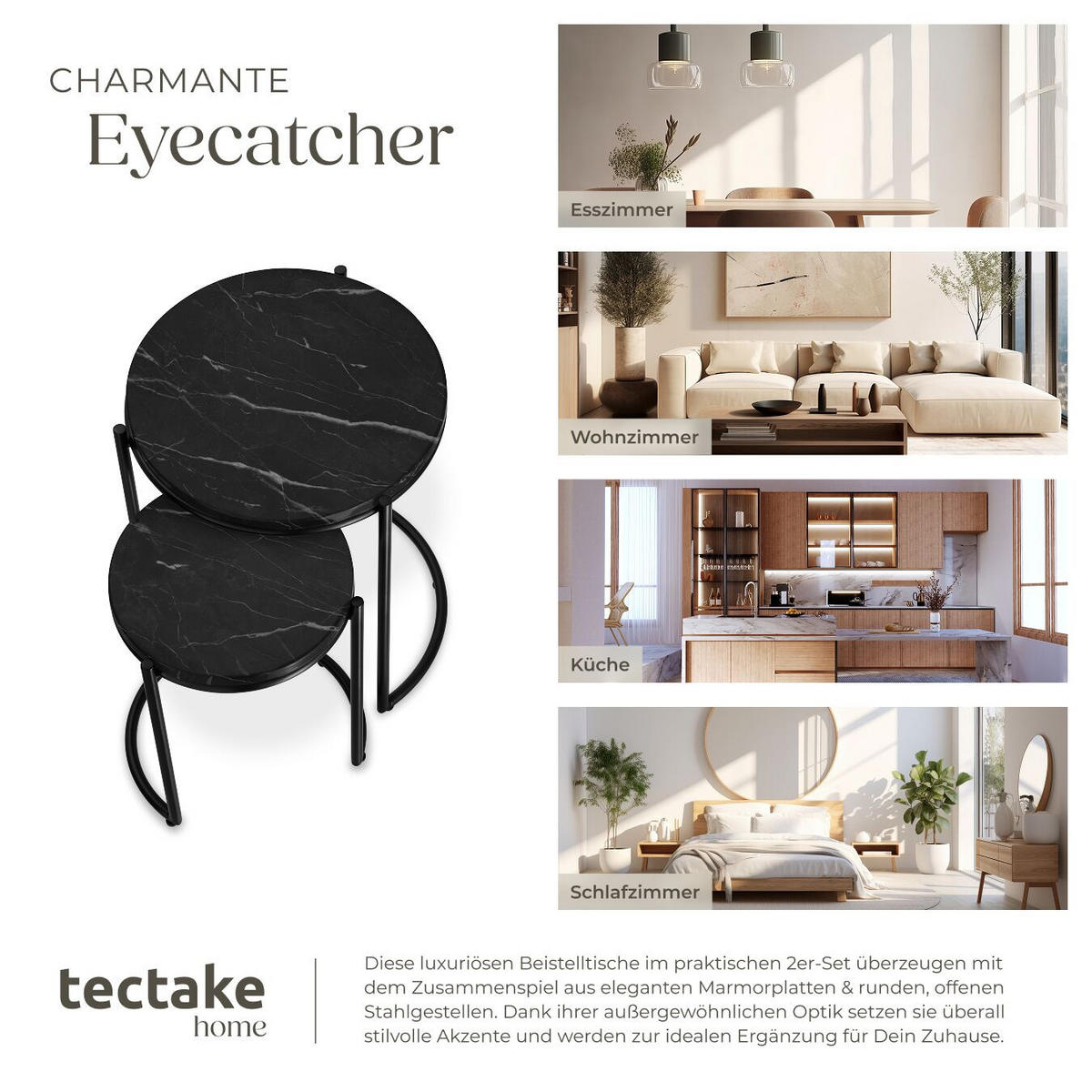 BEISTELLTISCH Ellsa,ineinander schiebbar,schwarz/schwarz - Schwarz, Stein (43/43/50.5cm) - tectake