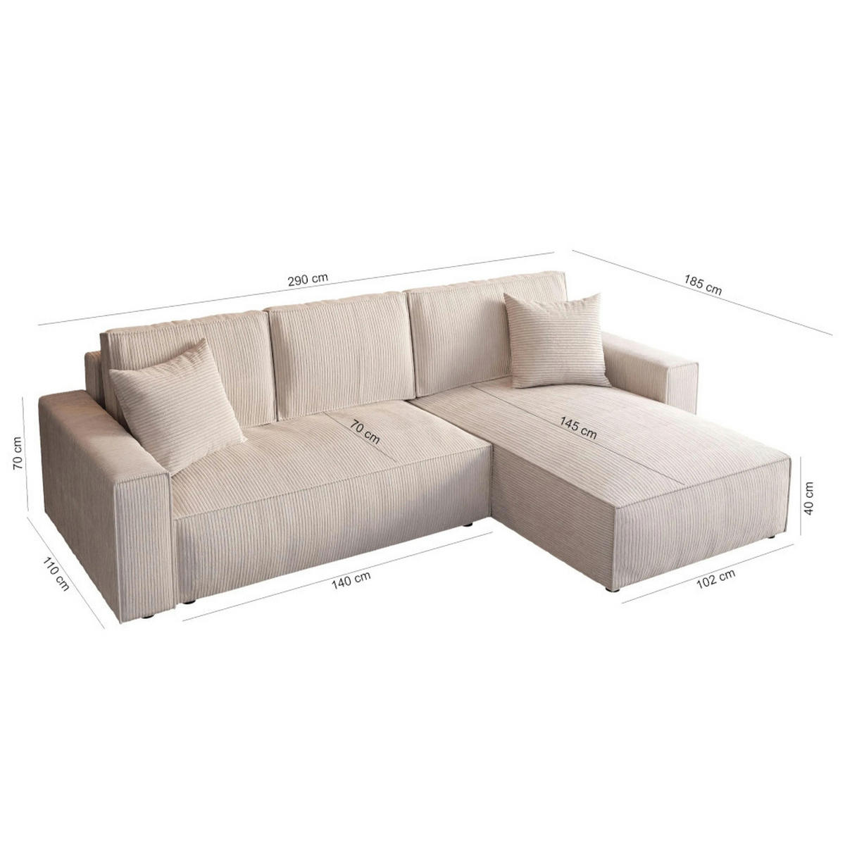 ECKSOFA Parys L grau - Schwarz/Grau, Kunststoff/Textil (290/185cm) - Beautysofa