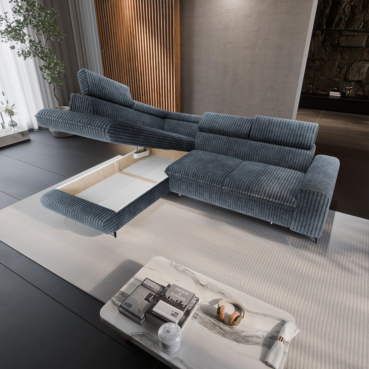 ECKSOFA VELISS Grau Kordstoff mit Schlaffunktion - Grau, Holz (255/193cm) - MASSENO