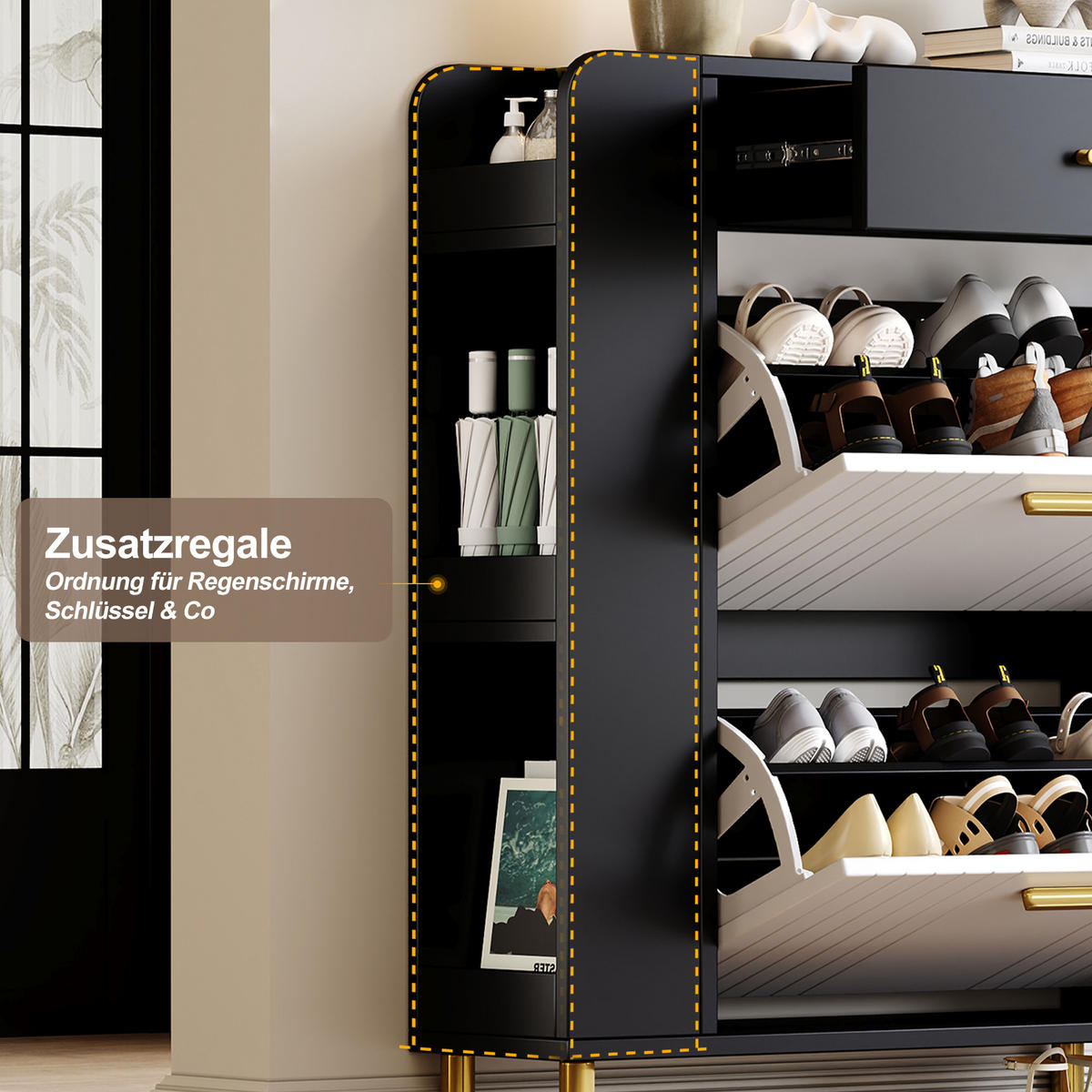 SCHUHSCHRANK aus MDF & Spanplatte 80x24x105cm in Schwarz mit 2 Klappen - Schwarz, Holzwerkstoff (80/105/24cm) - Modfu