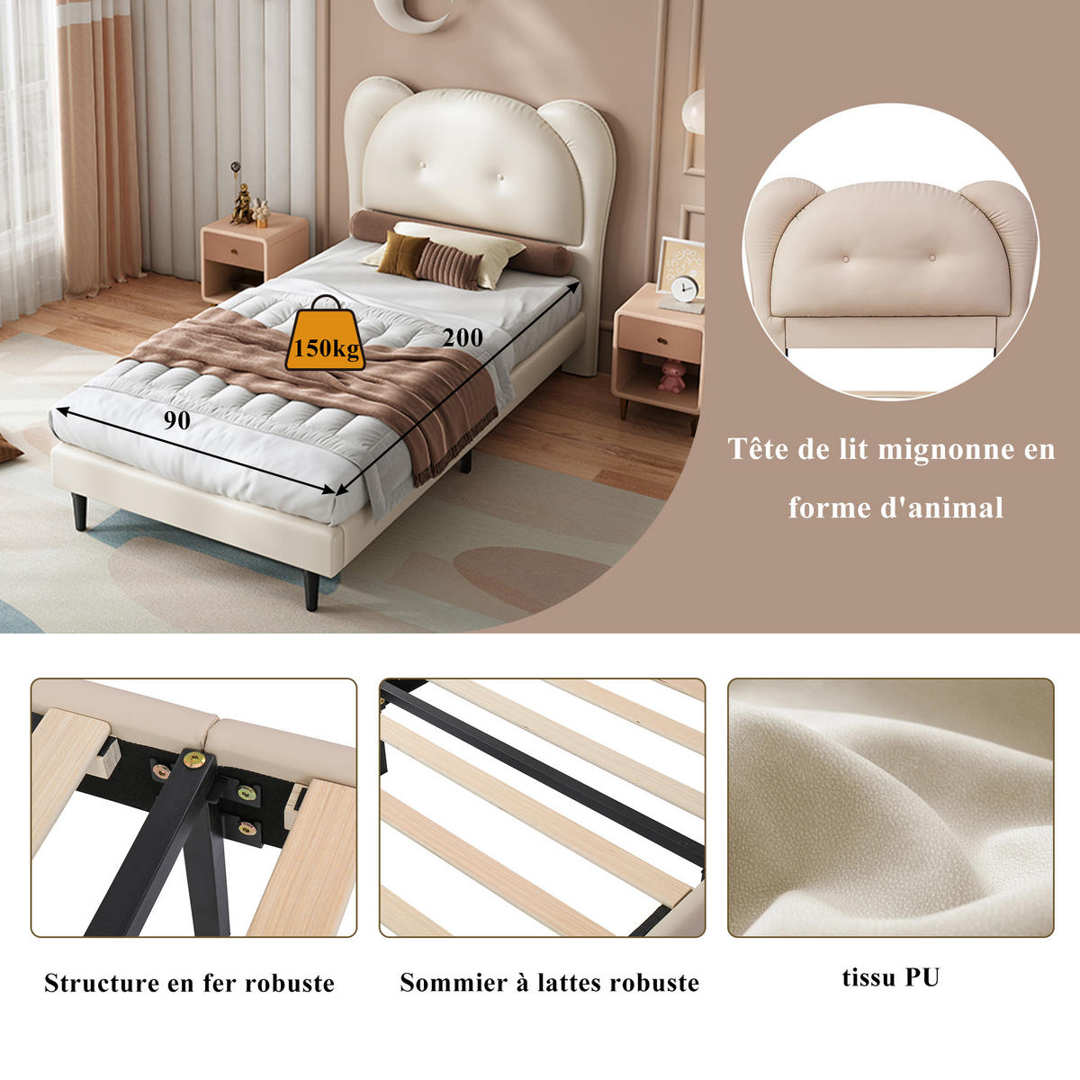 POLSTERBETT 90x200 cm Tierkopf beige - Beige, Kunststoff (90/200cm) - Fortuna Lai