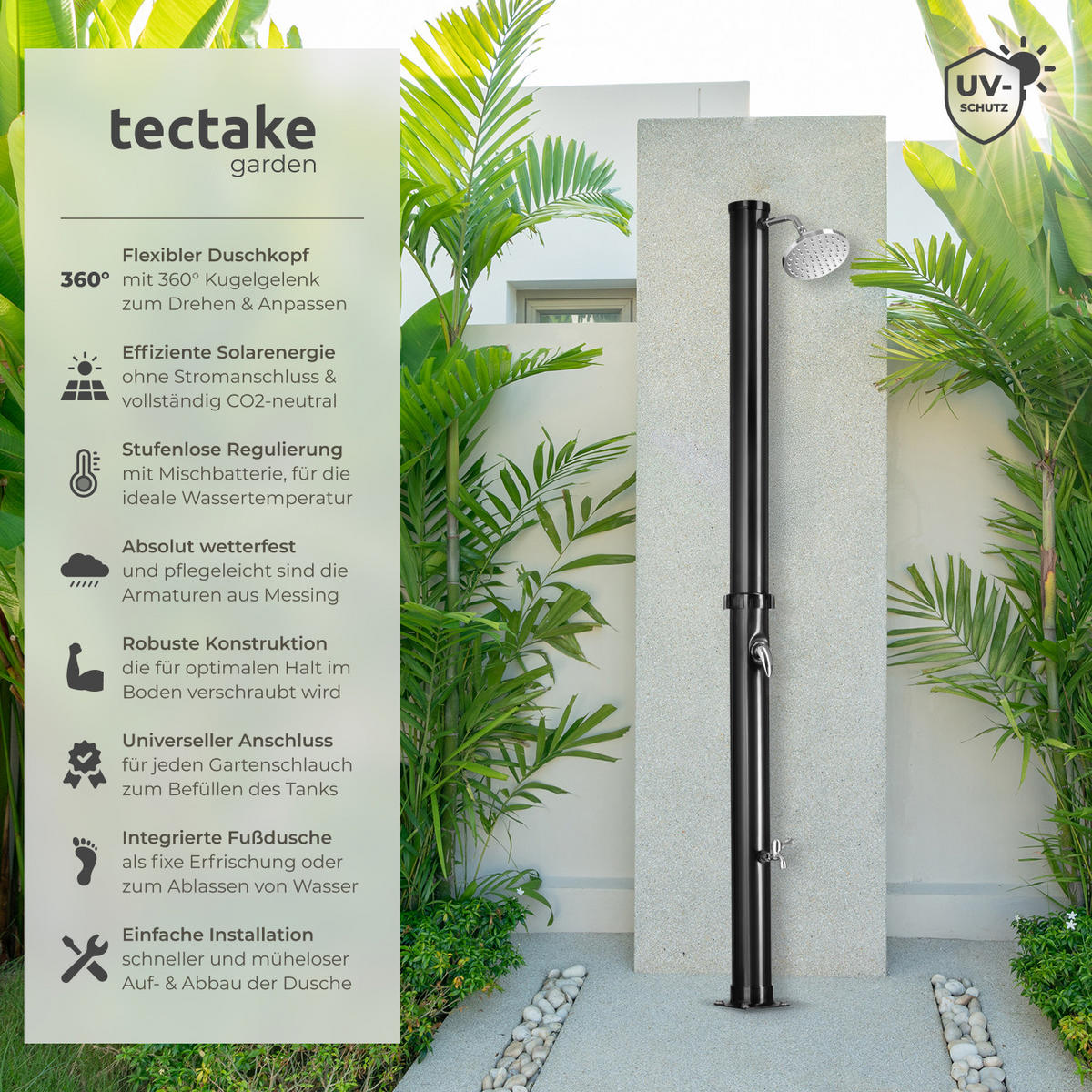 SOLARDUSCHE Tinto,inklusive Wasserhahn,schwarz - Schwarz, Kunststoff (15.5/221/42.5cm) - tectake