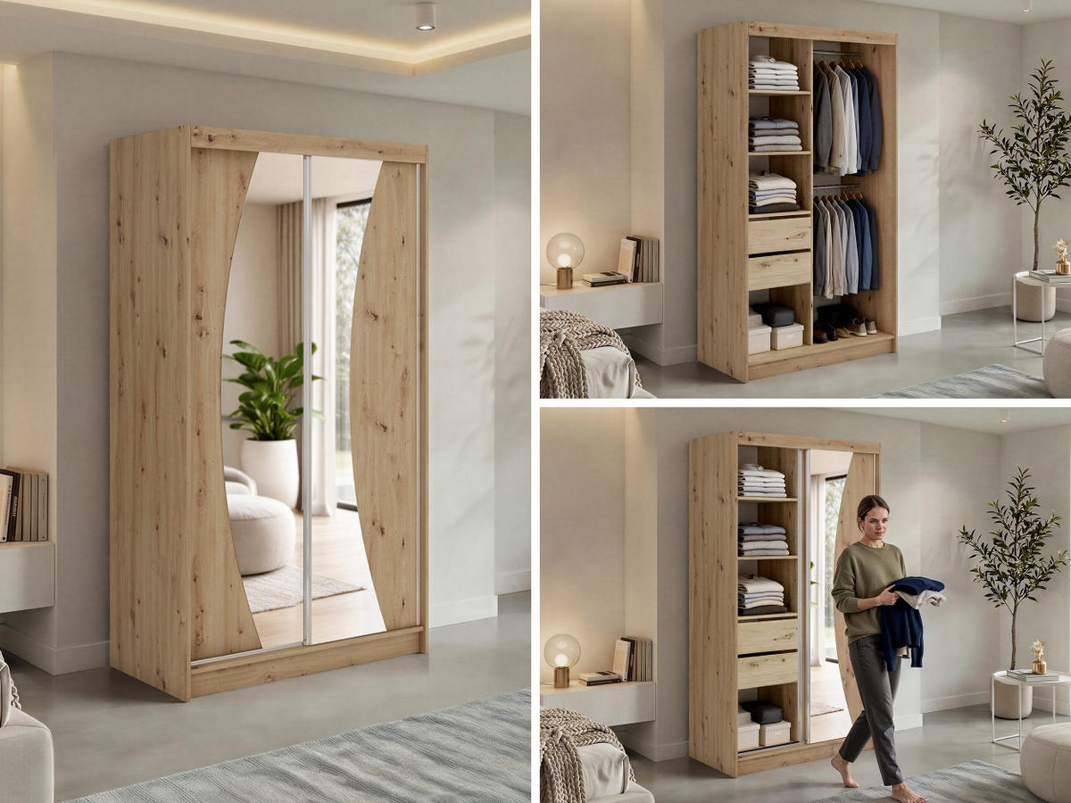 SCHWEBETÜRENSCHRANK mit Schubladen 120 - VERONA - Eiche Artisan mit Spiegel - Alufarben/Eiche Artisan, Holzwerkstoff/Metall (120/216/61cm) - MKS