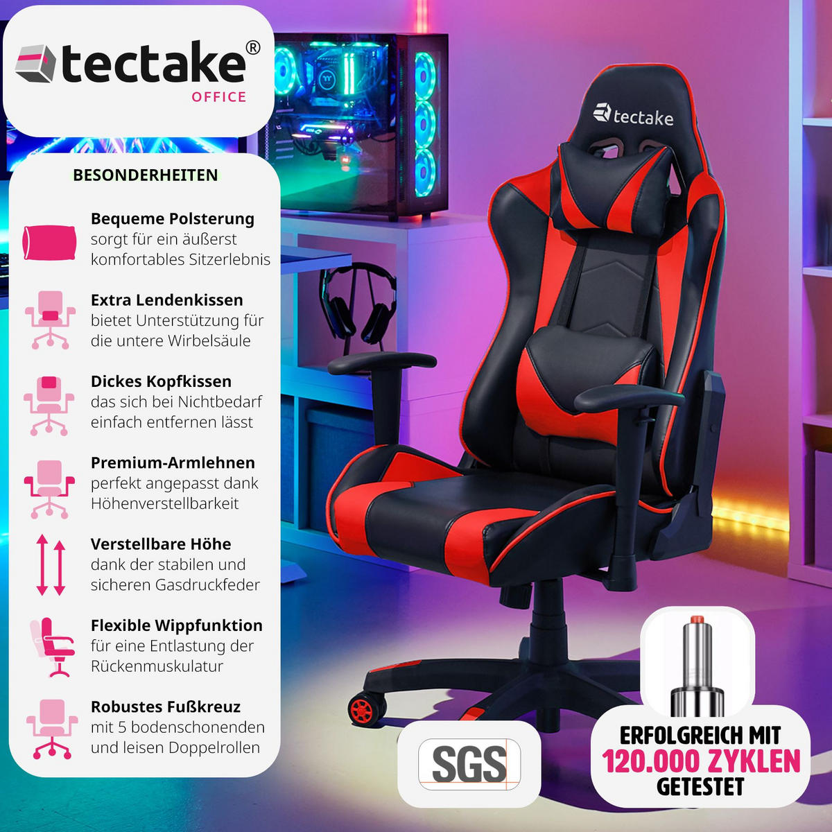 RACING-GAMINGSTUHL Twink,Belastbarkeit 120 kg,schwarz/rot - Rot/Schwarz, Textil (68/125/69cm) - tectake