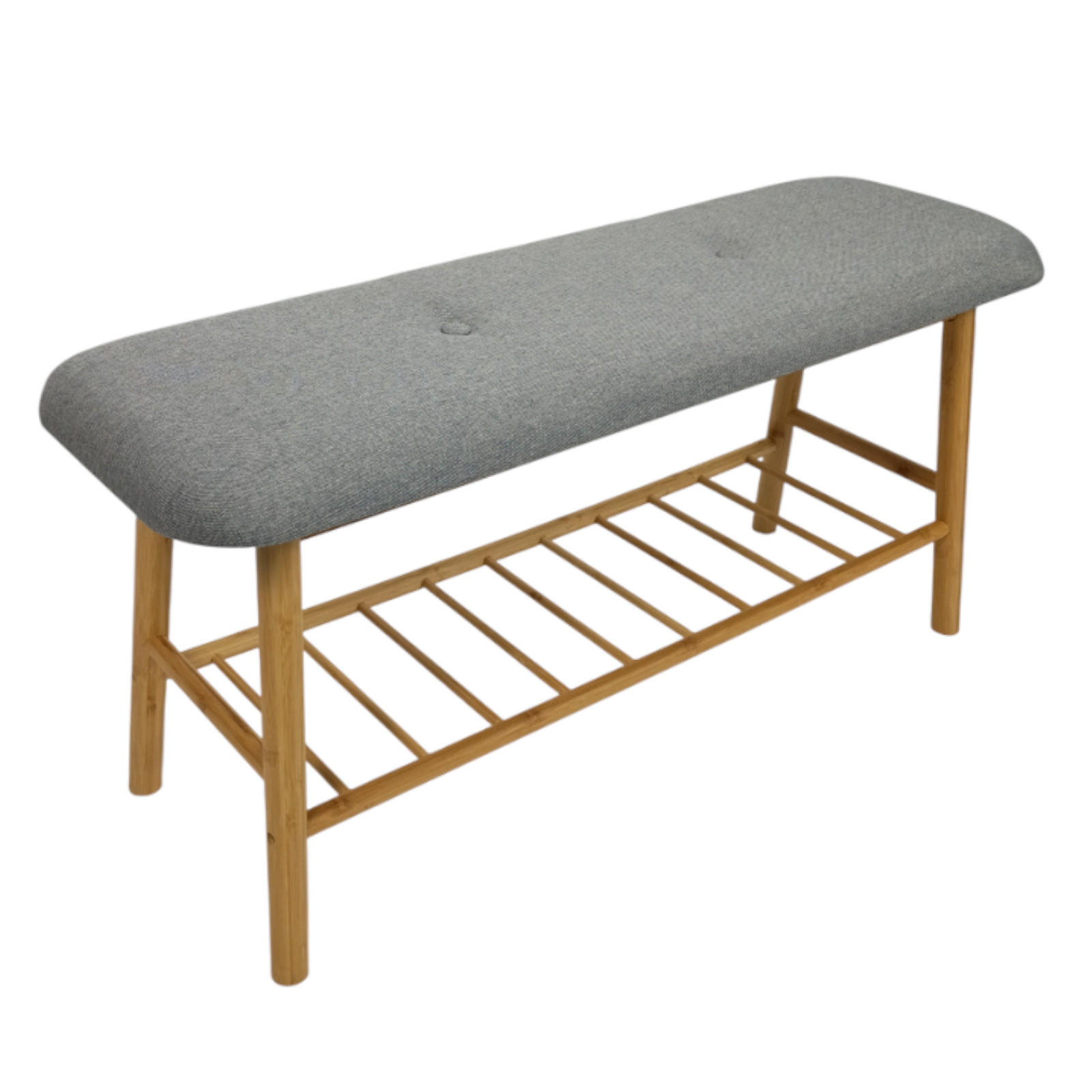SCHUHBANK Bambus Grau Naturfarbe mit Stoffpolster & Ablage 90/30/43 cm - Grau, Holz/Textil (90/43/30cm) - Begryf