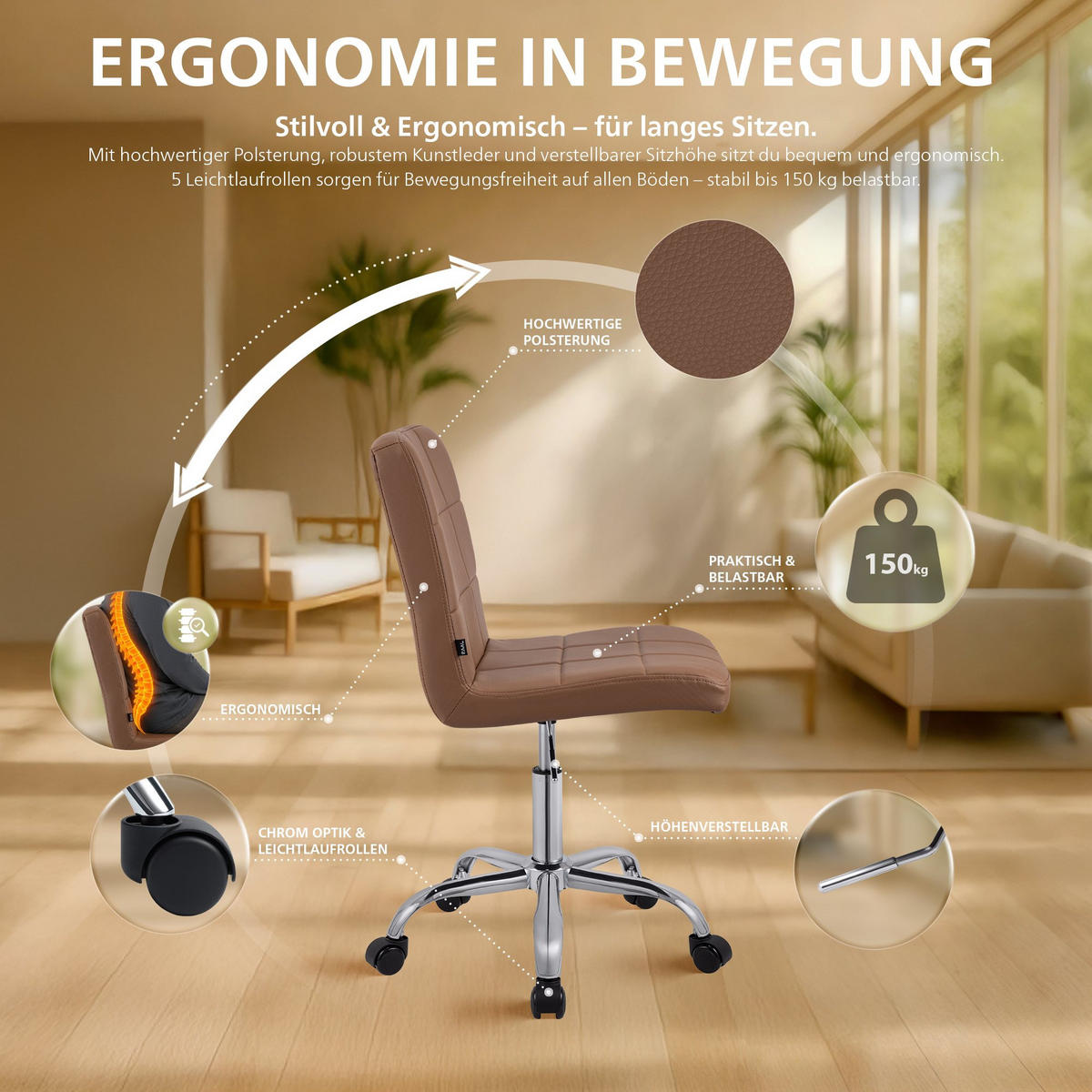 DREHSTUHL Lederlook Hellbraun - Chromfarben/Hellbraun, Textil/Metall (47/93/56cm) - CLP