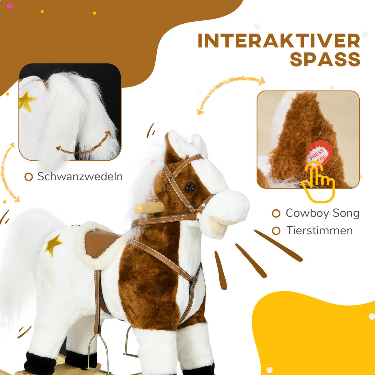 KINDER SCHAUKELTIER, Braun, Pappelholz+ Plüsch (100% Polyester) - Braun, Holz (26/62/68cm) - HOMCOM