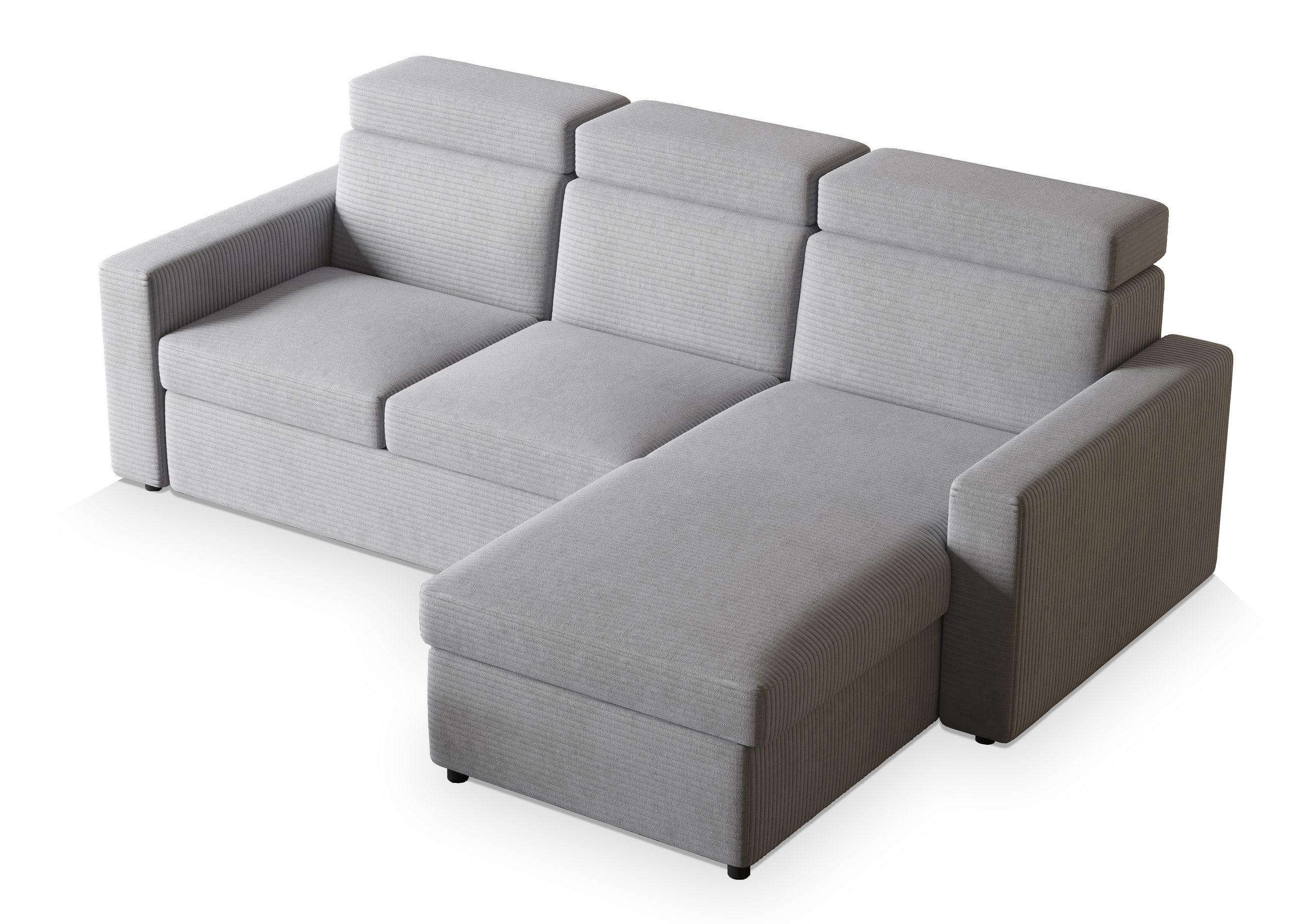 ECKSOFA PADWA Hellgrau Kordstoff mit Schlaffunktion - Hellgrau, Holz (227/168cm) - MASSENO
