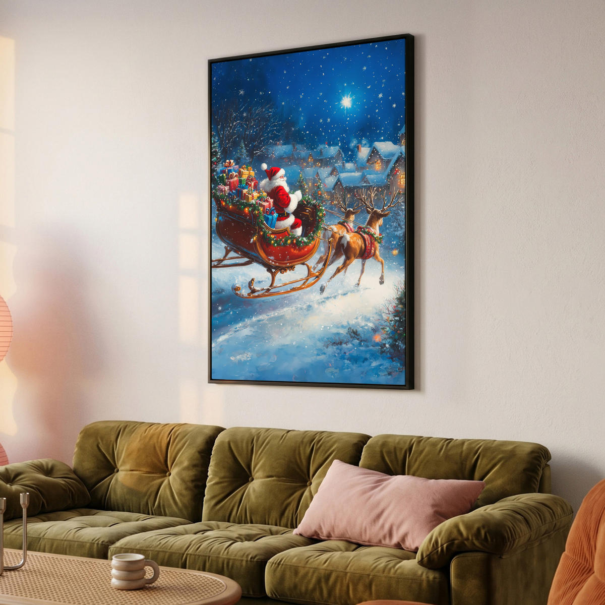 LEINWAND Bilder mit Rahmen - Weihnachtsmann - Rentier - Weihnachten - Schnee - 100x150 - Cognac, Textil (100/150cm) - MuchoWow