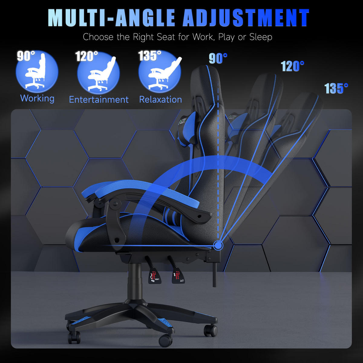 GAMING-STUHL ergonomisch, verstellbare Rückenlehne, Kissen – Blau - Blau, Leder (59/120/56cm) - Rattantree