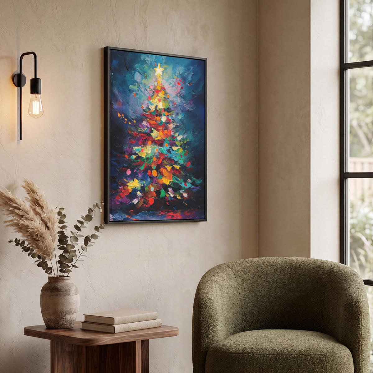 LEINWAND Bilder mit Rahmen - Weihnachtsbaum - Weihnachten - Abstrakt - Farbenfroh - 60x80 - Multicolor, Textil (60/80cm) - MuchoWow