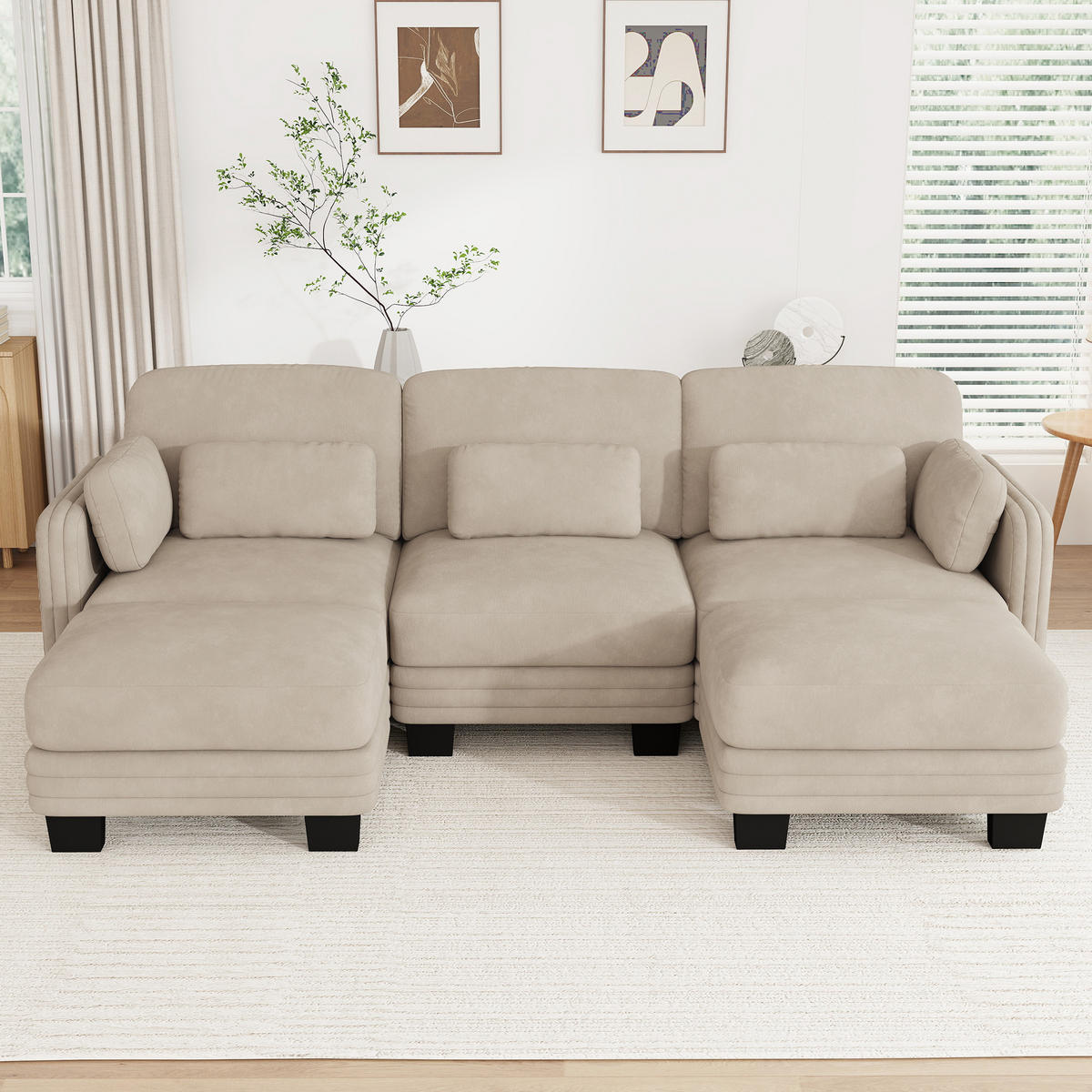 WOHNLANDSCHAFT U-Form 3-Sitzer mit 2 Hockern, DE-42686, Hellbraun - Hellbraun, Holz (253/88/143cm) - ComfortXL
