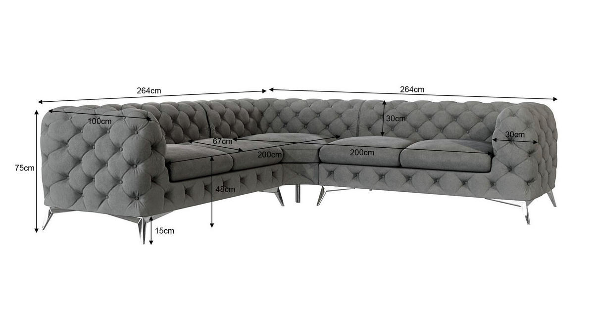 ECKSOFA Chesterfield Laura Grau Samt - Silberfarben/Grau, Holz/Textil (264/264cm) - S-Style Möbel
