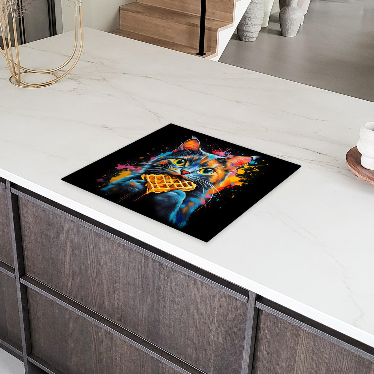 HERDABDECKPLATTE Katze - Graffiti - Bunt - Waffel - Essen Herdabdeckung Induktionsfeld 60x52 cm - Multicolor, Kunststoff (60/52/0.2cm) - MuchoWow