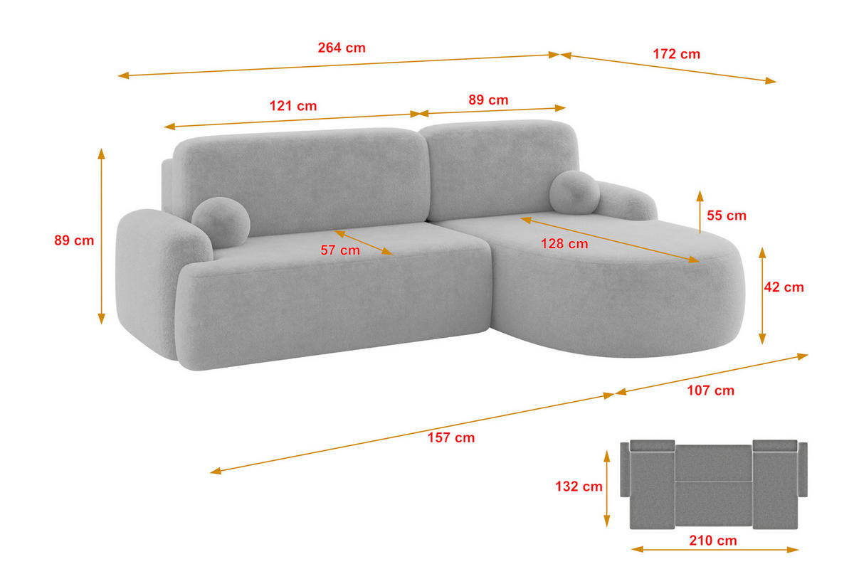 ECKSOFA mit Schlaffunktion und Bettkasten LIRA-L - 264x172x89 Grau - Grau, Holzwerkstoff/Textil (172/264cm) - ALTDECOR