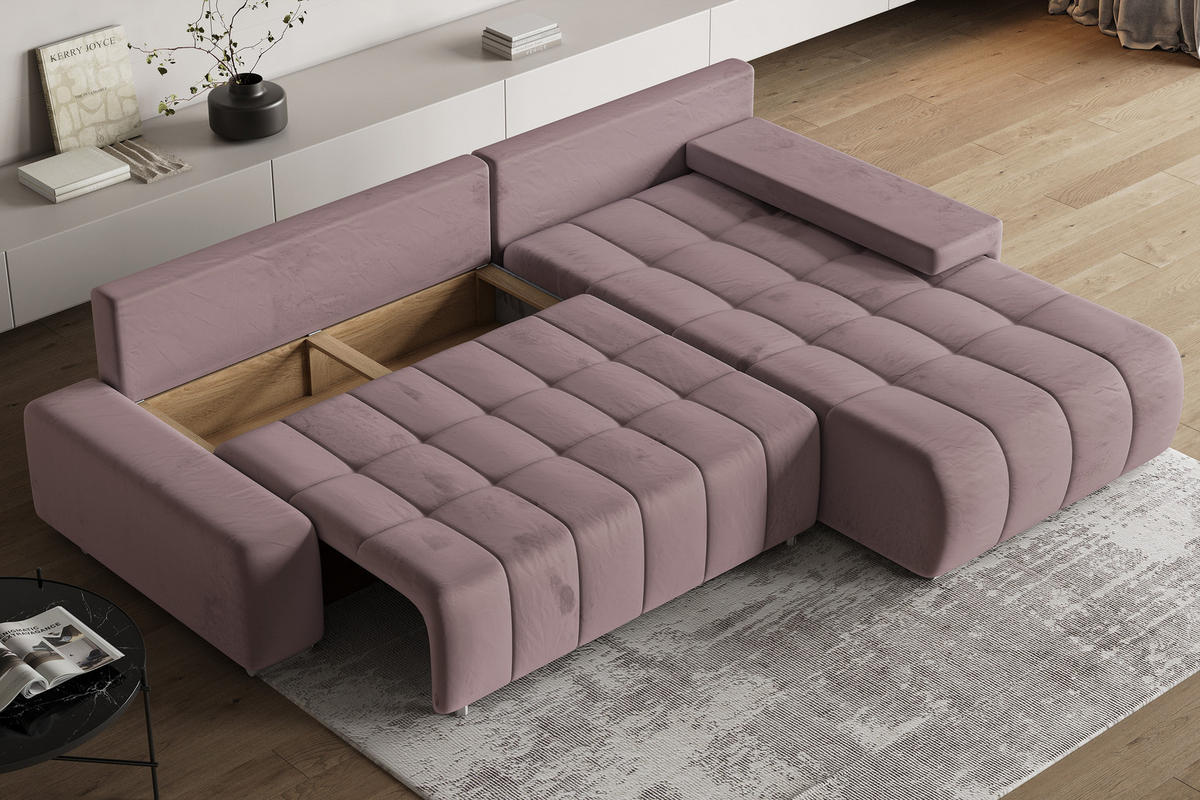 ECKSOFA ALESE R-S Lila Velours-Stoff mit Schlaffunktion - Lila, Holz (265/185cm) - MASSENO