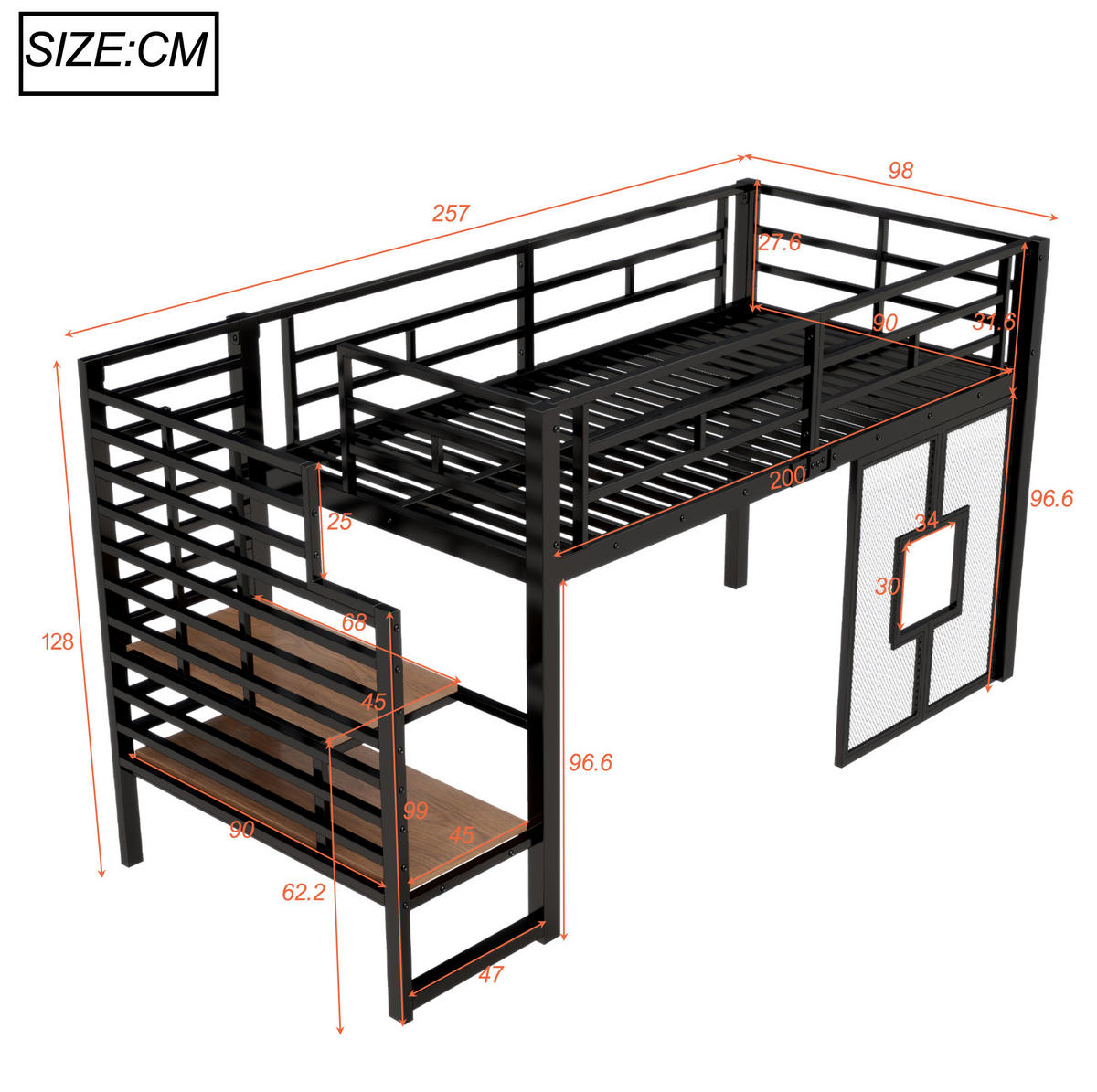 HOCHBETT 90/200 cm aus Metall und MDF mit Stauraumtreppe und LED-Beleuchtung Schwarz - Schwarz, Metall (90/200cm) - Modenvie