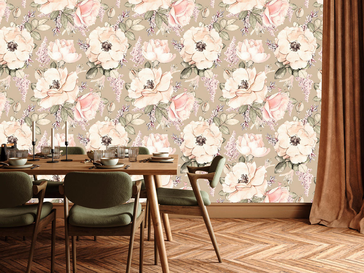VLIESTAPETE Vintage-Rosen und Pfingstrosen – Rosa, Beige, Grün – 50x1000 cm - Beige/Rosa, Papier (50/1000cm) - Muralo