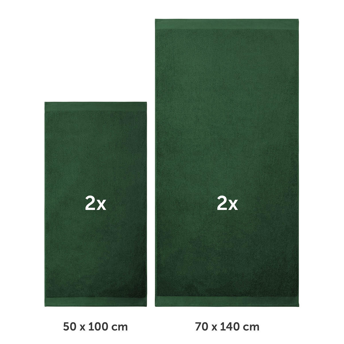 BADETUCH 4-teilig, 2x Badetuch 70/140 + 2x Handtuch 50/100 cm, Dunkelgrün - Dunkelgrün, Textil (70/140cm) - Blumtal