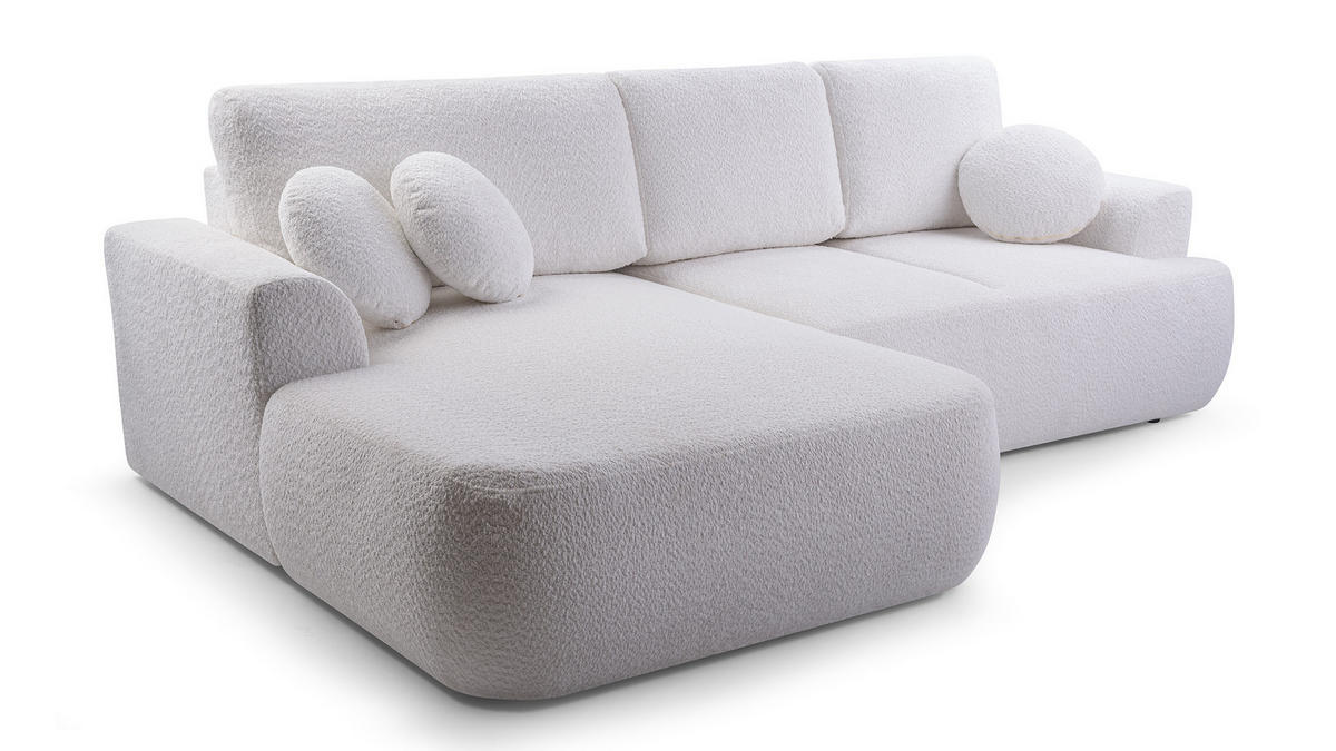 ECKSOFA FILO Weiß Boucle-Stoff mit Schlaffunktion - Weiß, Holz (260/168cm) - MASSENO