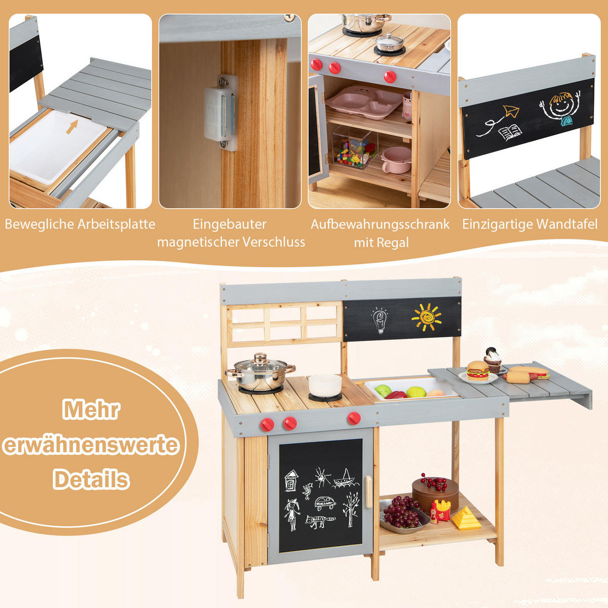 KINDERKÜCHE Outdoor Grau - Grau, Holz (89/45/90cm) - COSTWAY