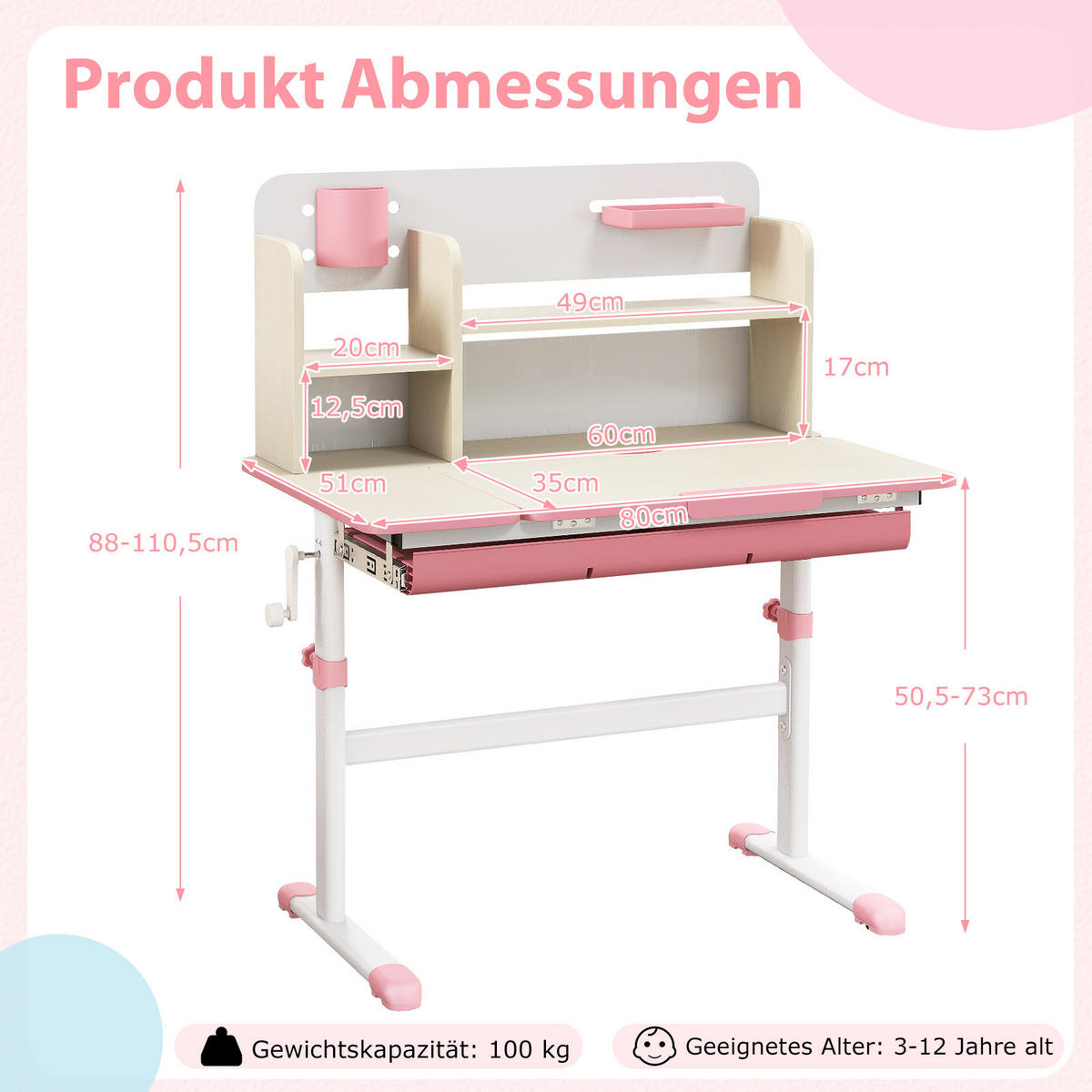 KINDERSCHREIBTISCH Höhenverstellbarer rosa - Pink, Metall (80/88/51cm) - COSTWAY