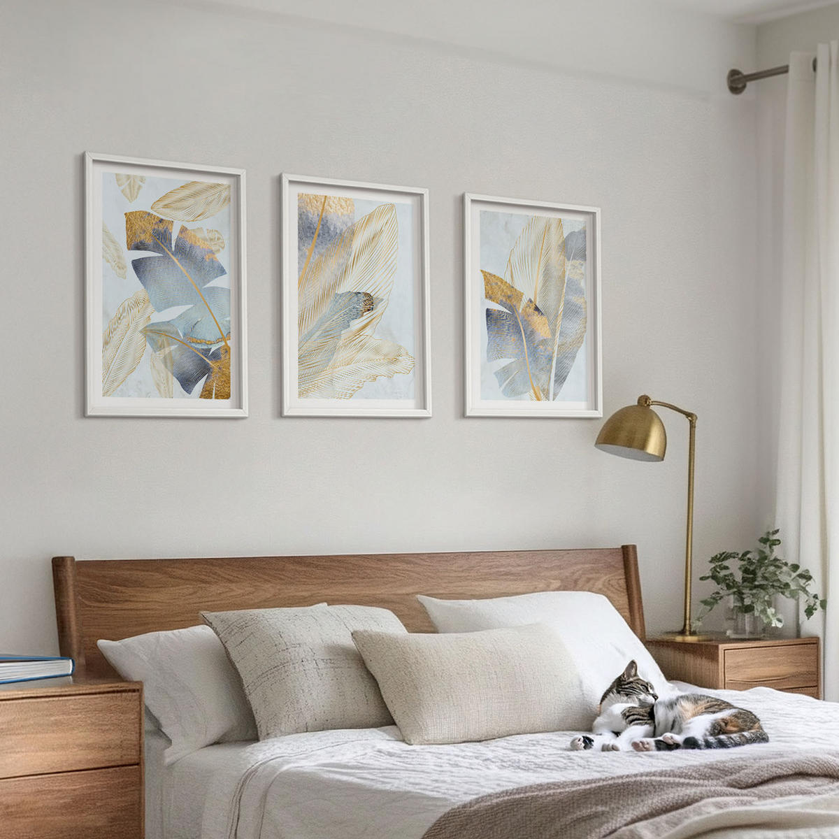 BILDER SET 3er Set - 40x60 cm Weißer Rahmen - Hellblau-beige Blätter - Weiß, Kunststoff (40/60cm) - TULUP