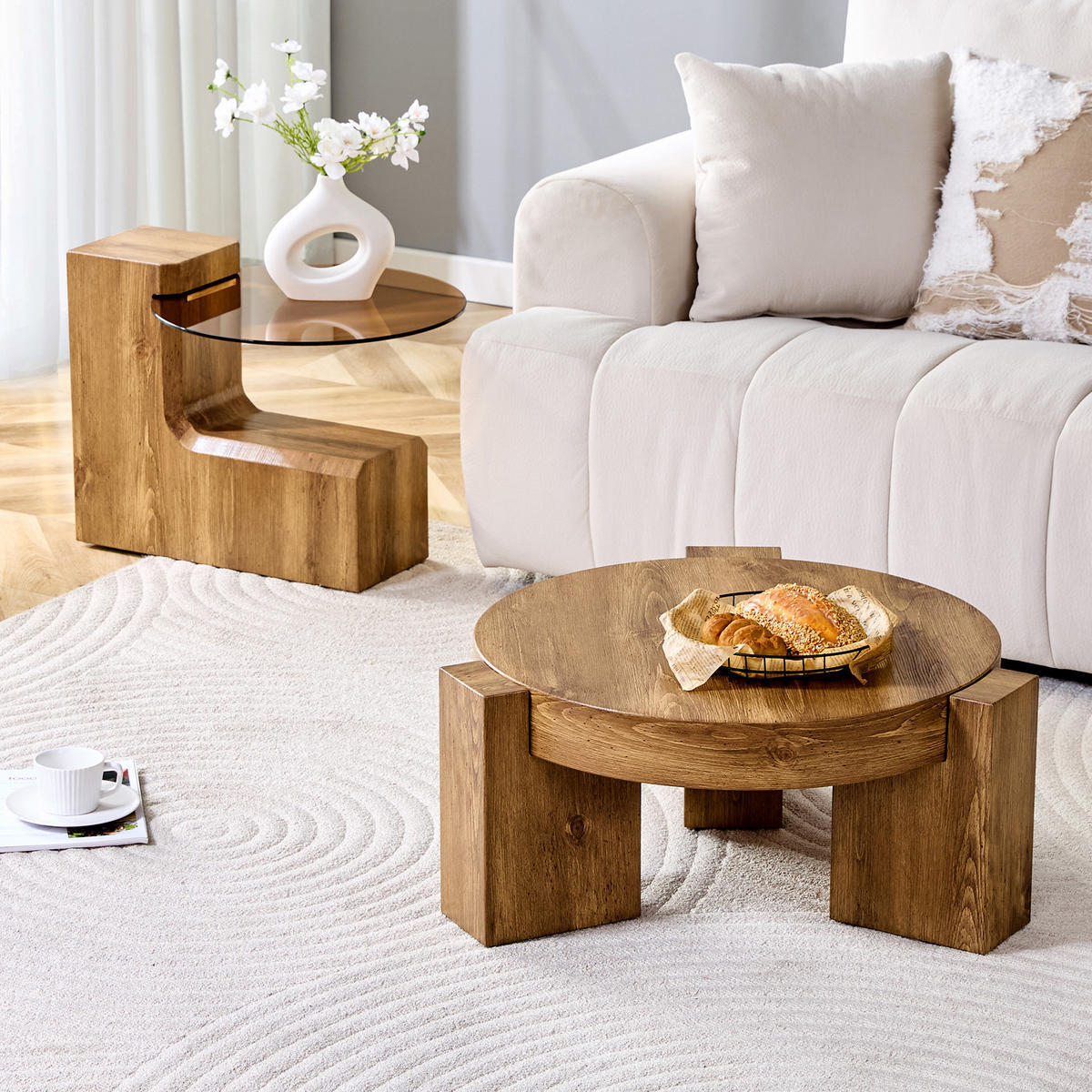 COUCHTISCH aus MDF und Glas Ø61x30 cm in Holzoptik mit 2 Ebenen - Naturfarben, Holzwerkstoff (61/61/30cm) - Modfu